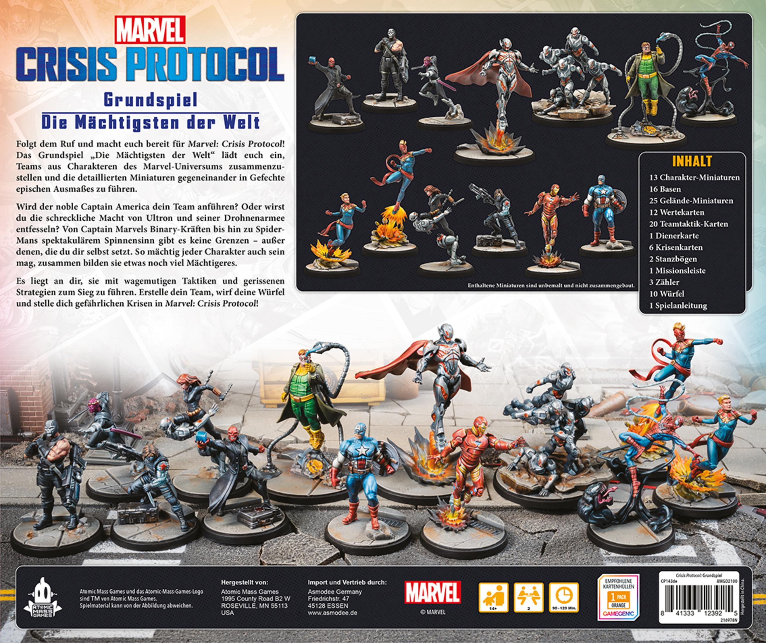 Marvel Crisis Protocol Spielbox mit Figuren auf der Rückseite, mit verschiedenen Charakteren.