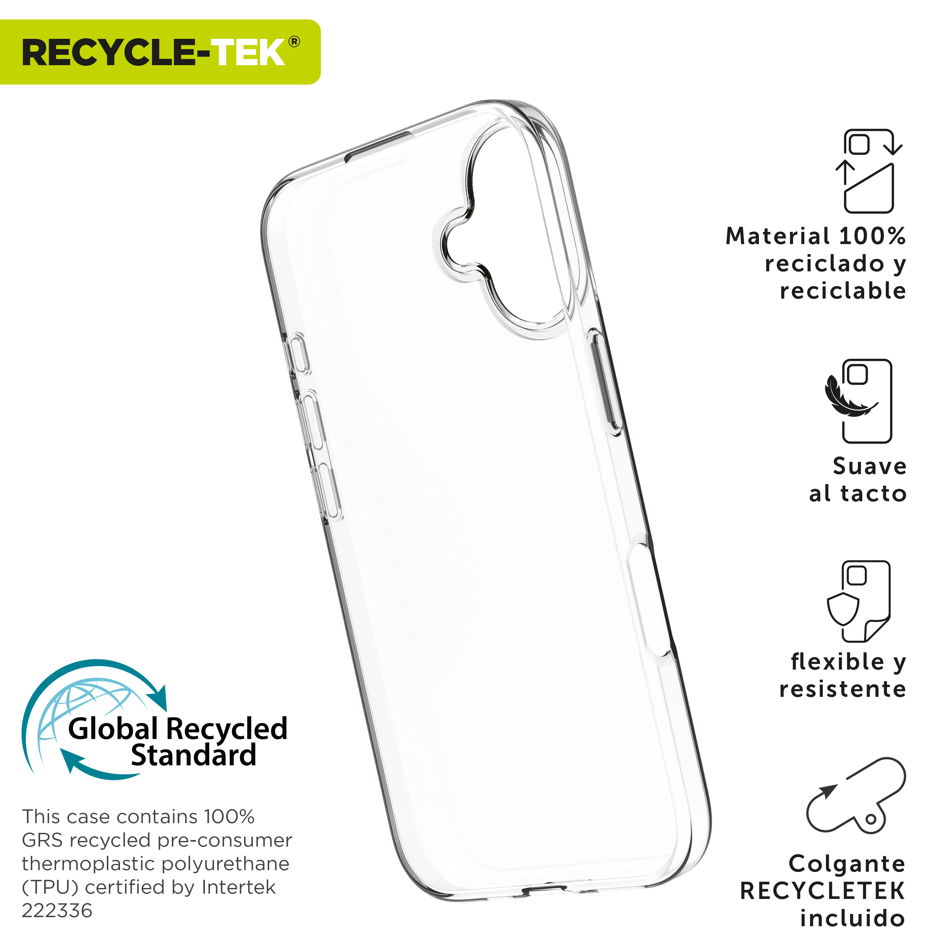 Funda transparente para teléfono con etiqueta. La etiqueta proporciona información y características de la funda reciclada.