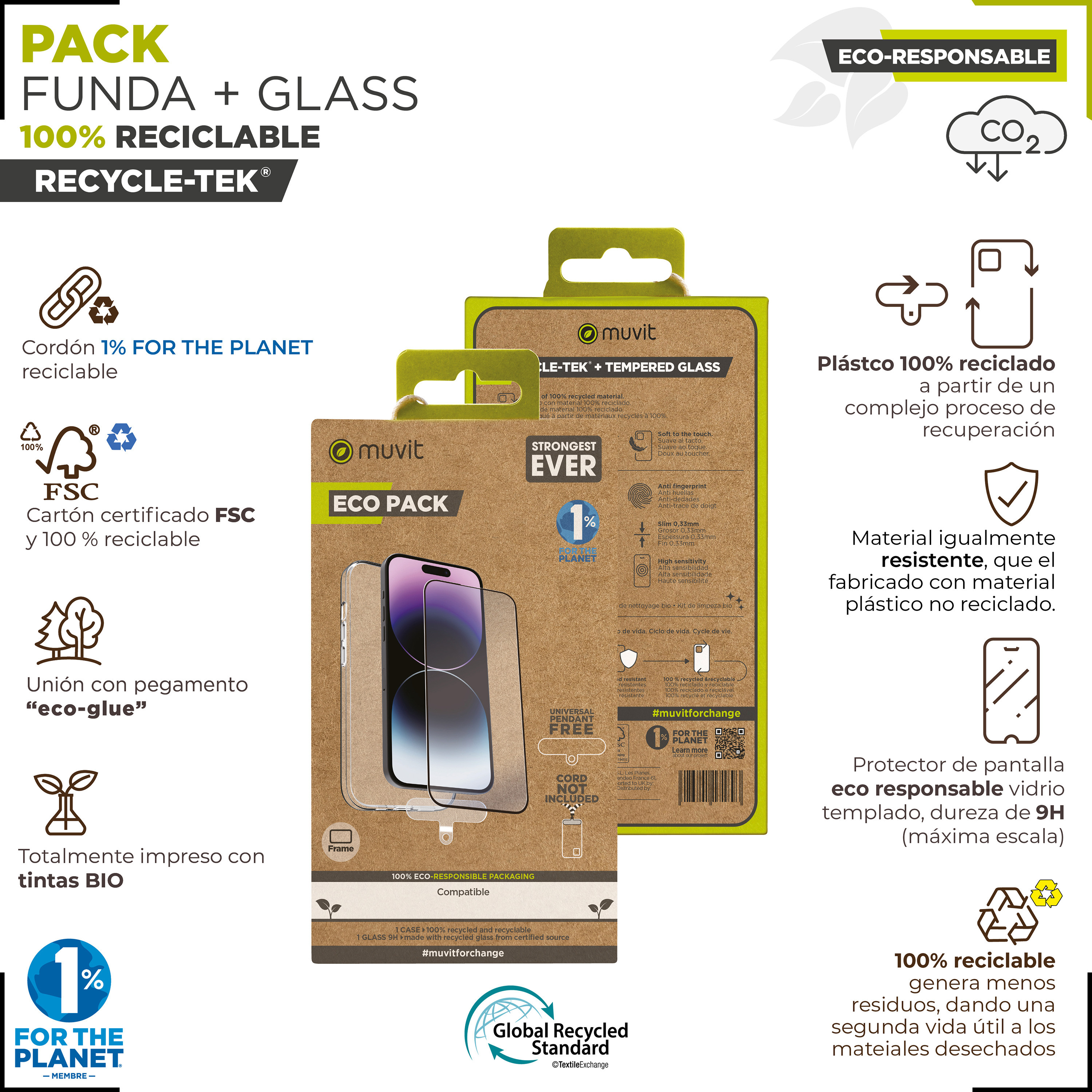 Embalaje de funda para smartphone con características ecológicas y protector de pantalla.
