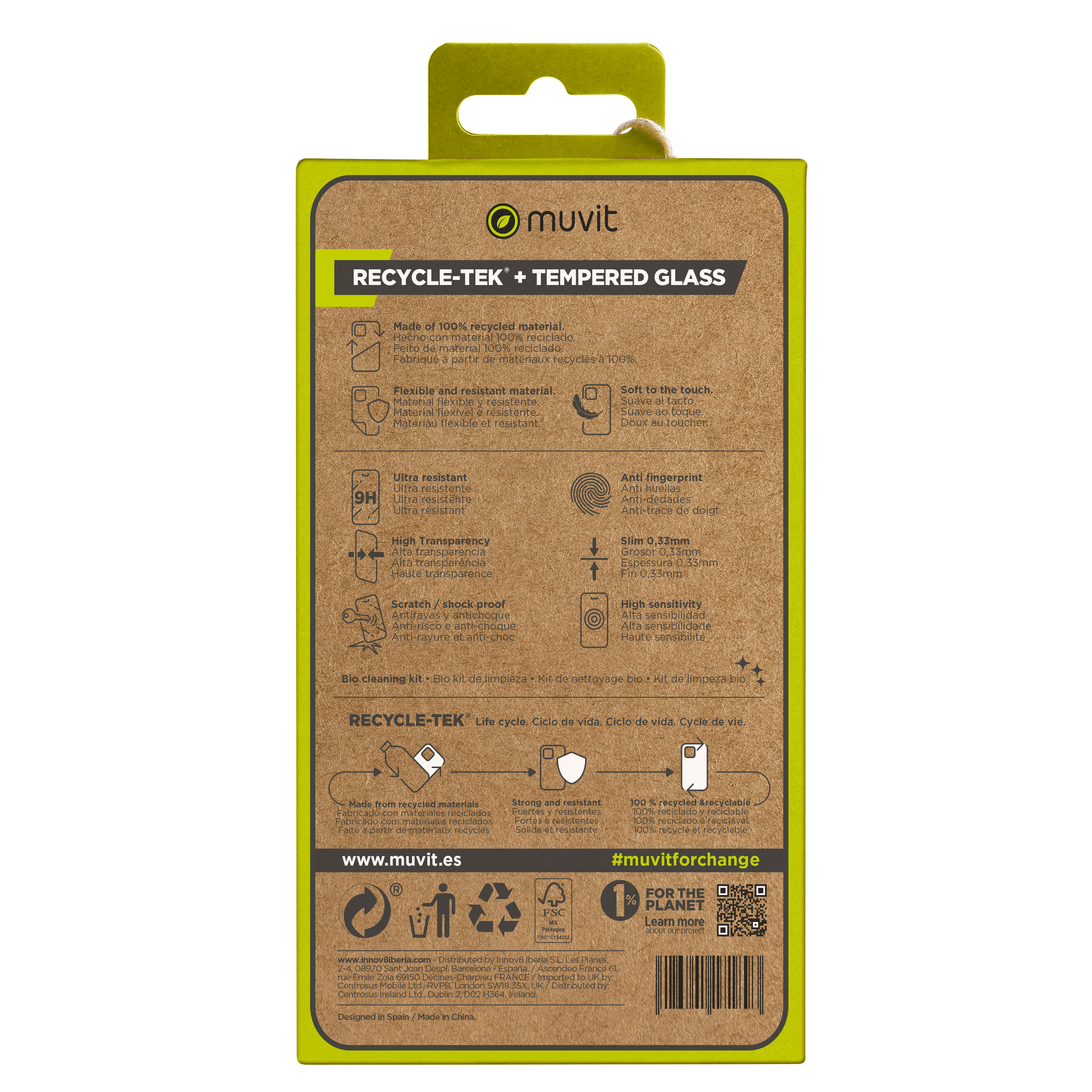 Parte trasera de una caja protectora de pantalla de teléfono. Contiene información del producto.