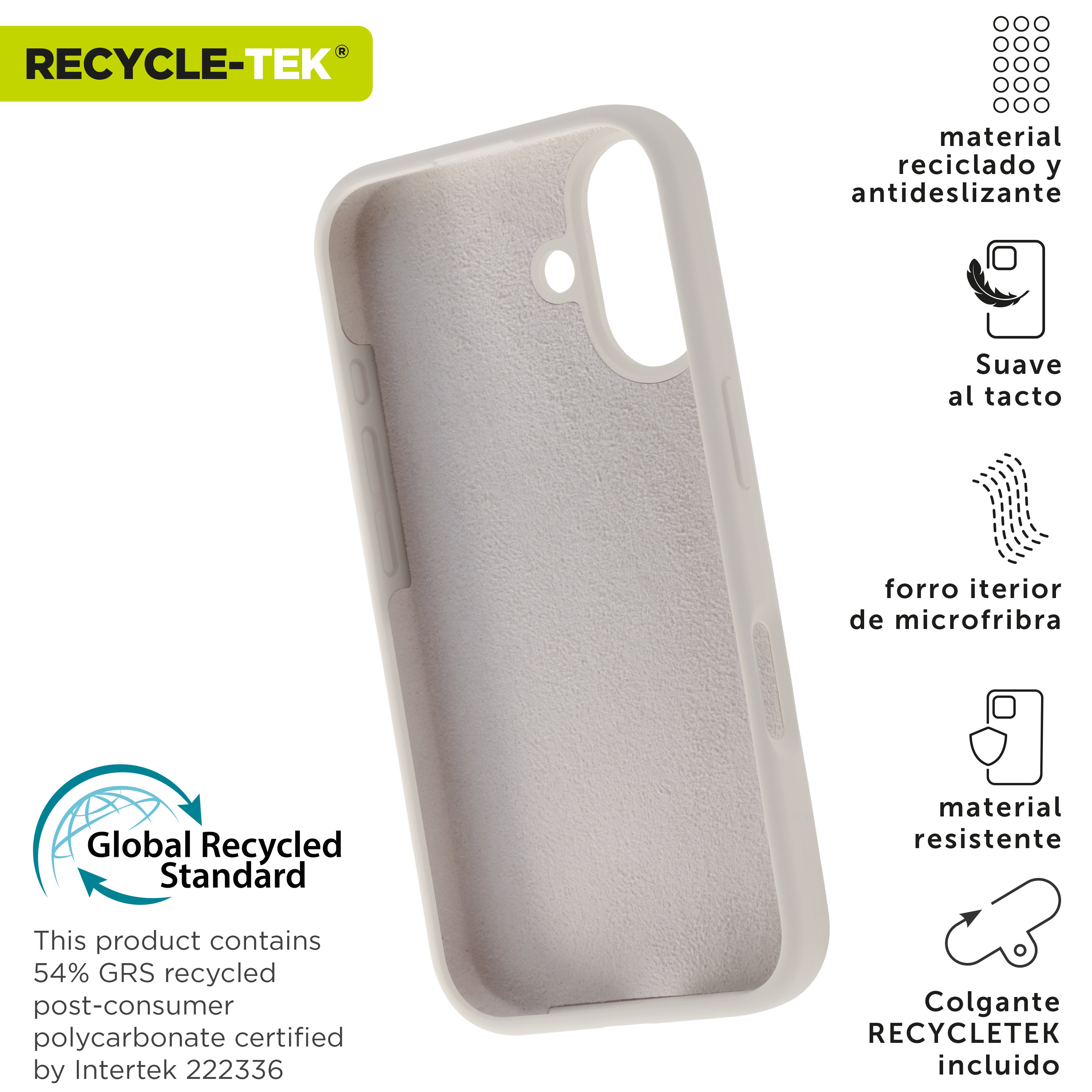 Funda de teléfono gris claro con interior blanco, con iconos de reciclaje y material.