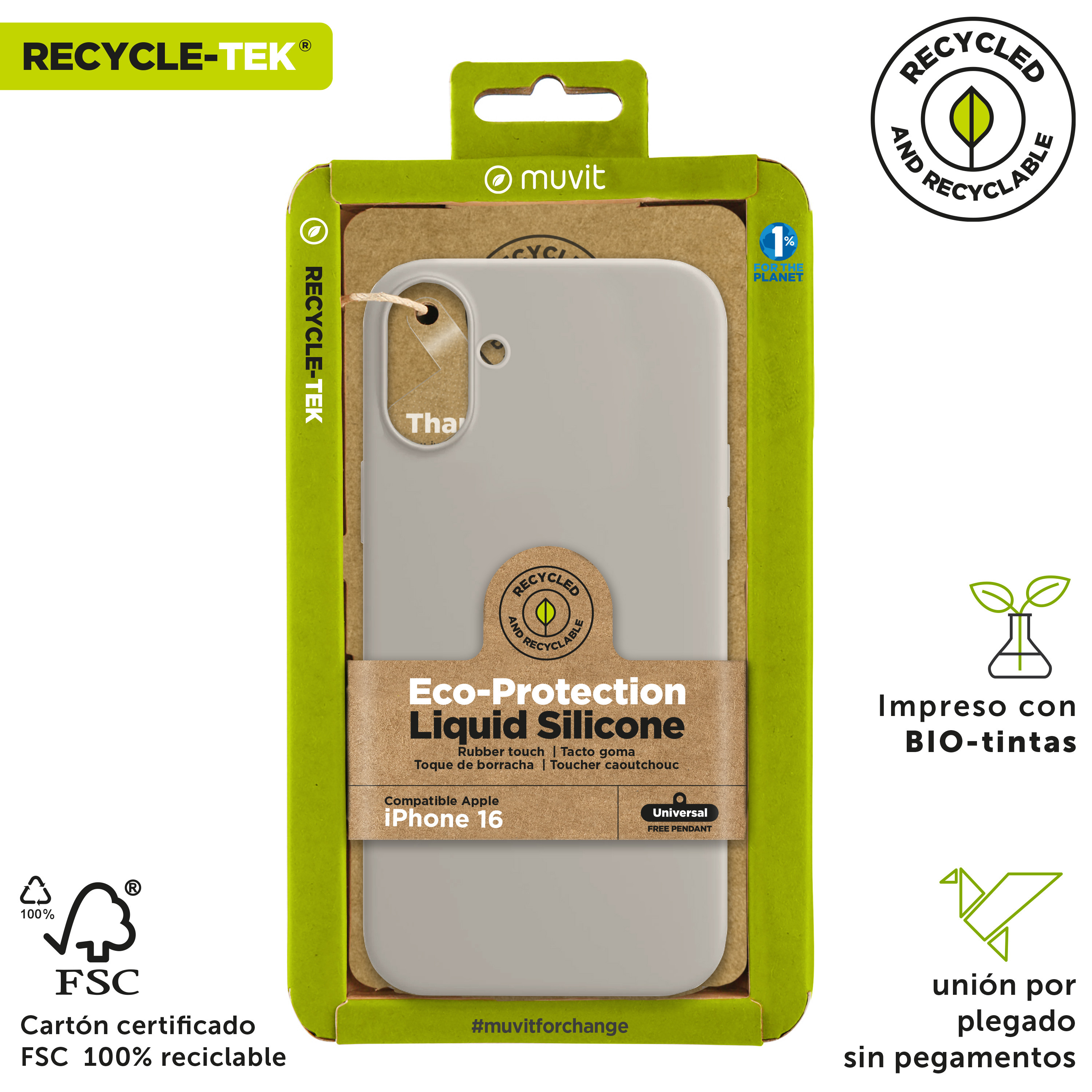 Funda para iPhone 16 en paquete verde con logo y texto 'muvit'.