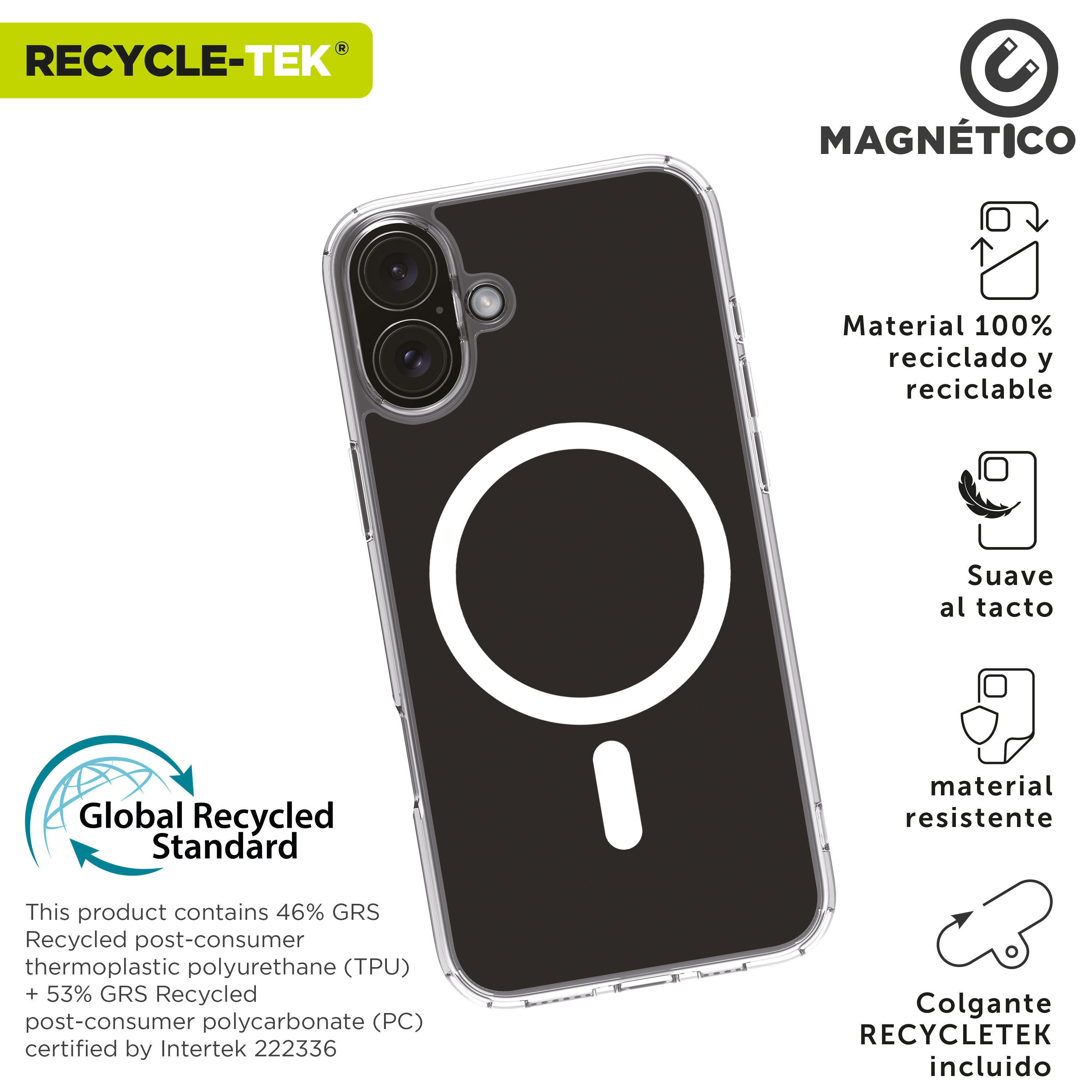 Funda de teléfono negra con un círculo blanco y texto, con información del producto.