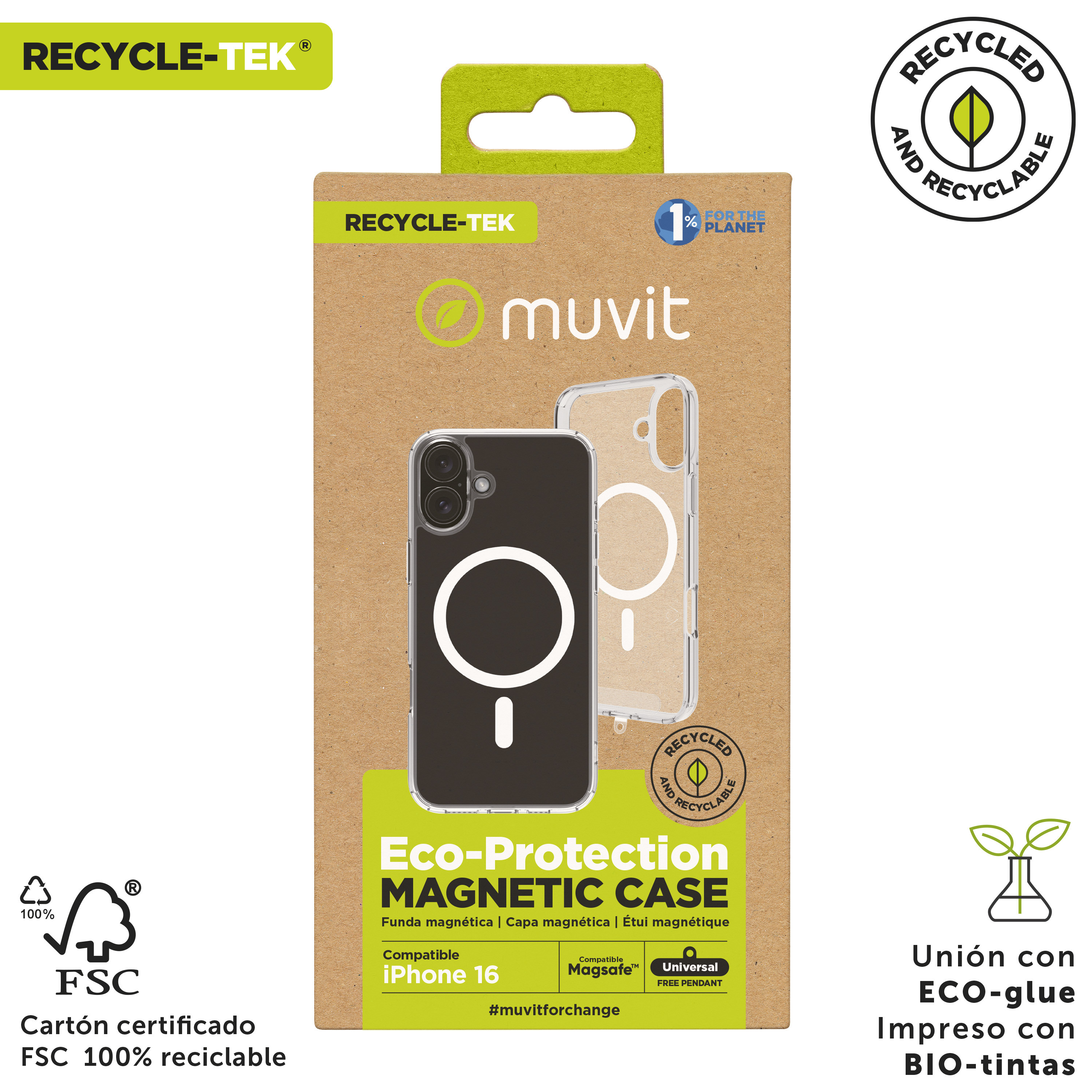 Embalaje de funda Muvit Eco-Protection con una funda de teléfono dentro.