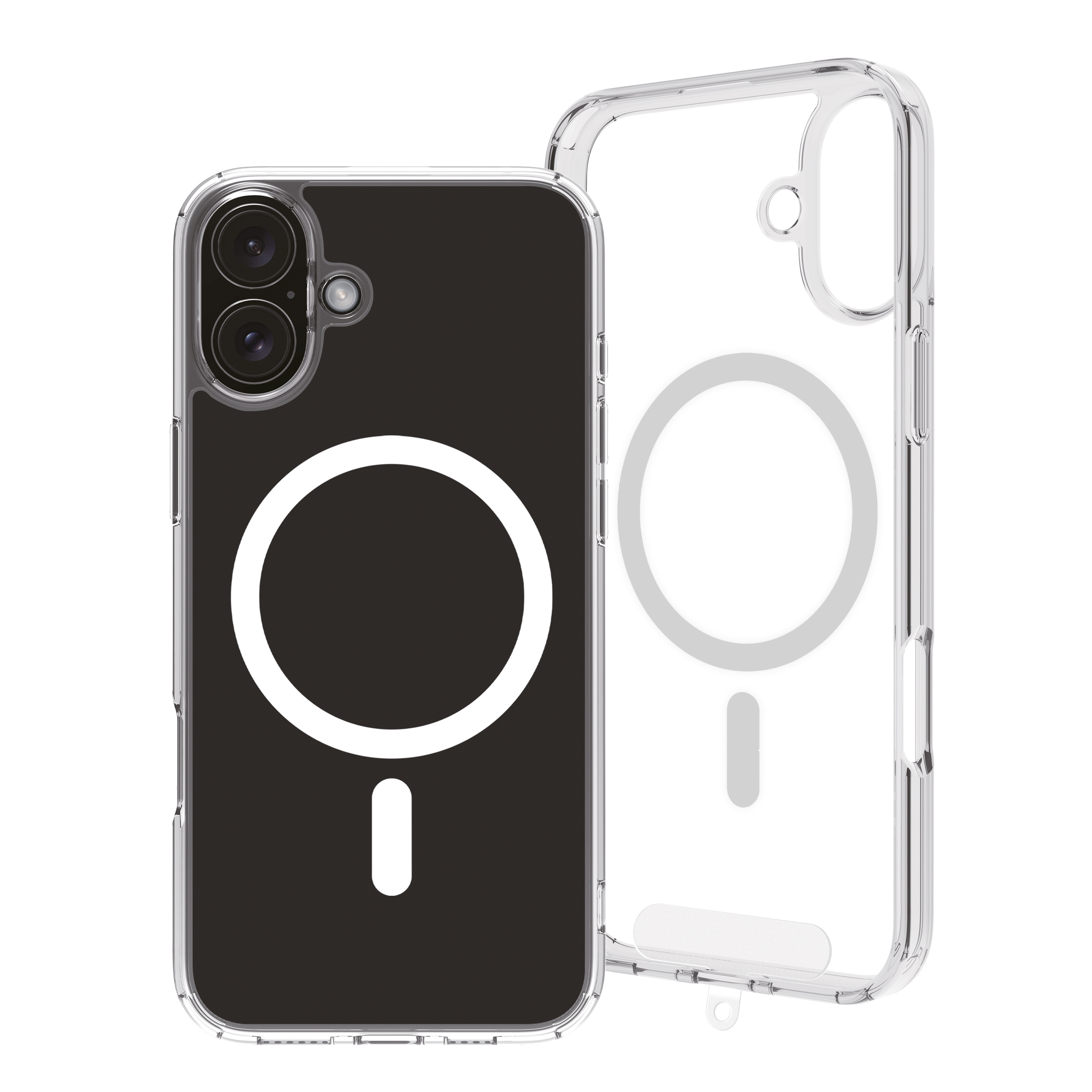 Funda transparente con parte trasera negra. Un círculo blanco con línea en la parte trasera, dos cámaras arriba.