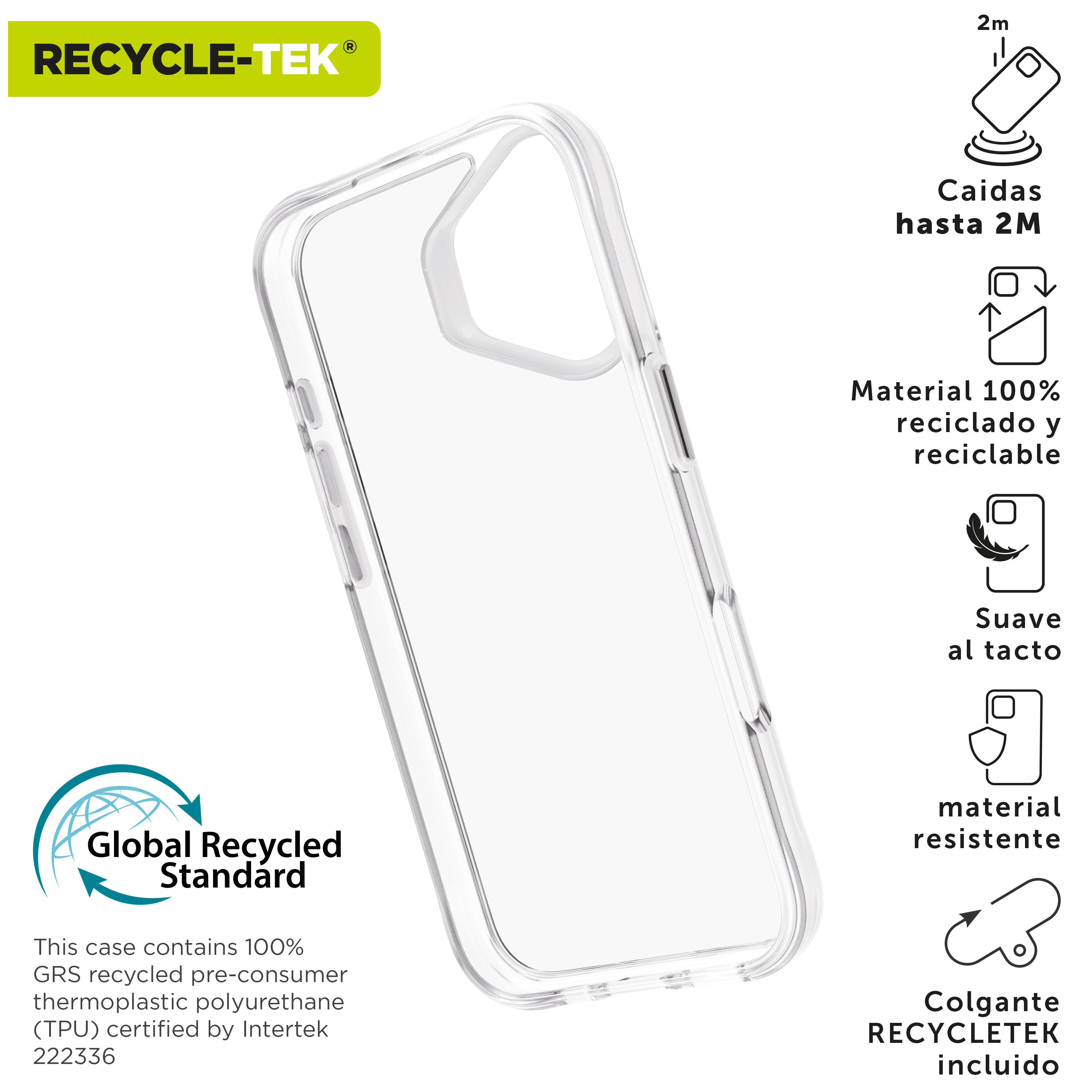 Una funda transparente para teléfono con el logotipo Global Recycled Standard e iconos de características.