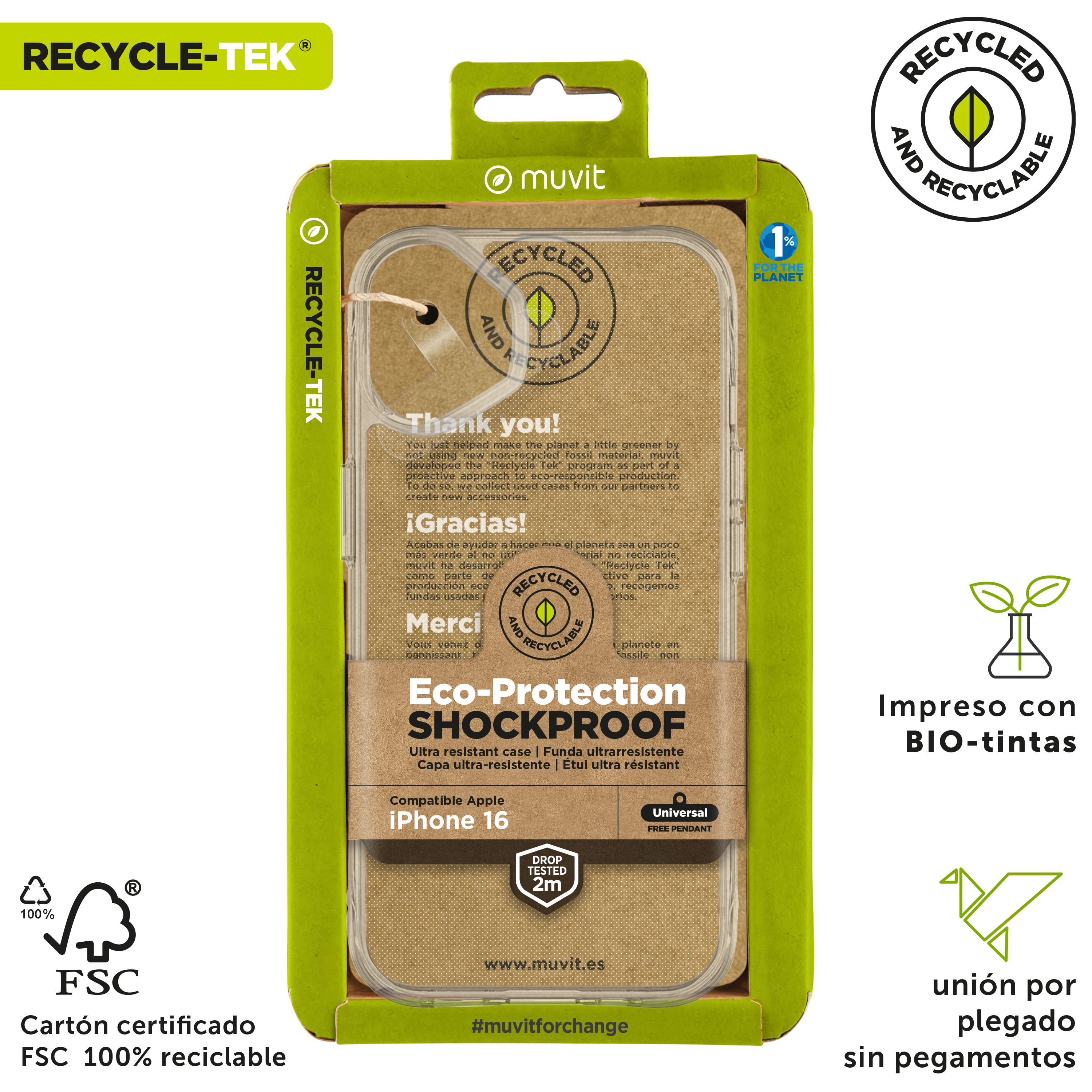 Embalaje de funda para teléfono. La funda es transparente, con un mensaje de agradecimiento y detalles de reciclaje.