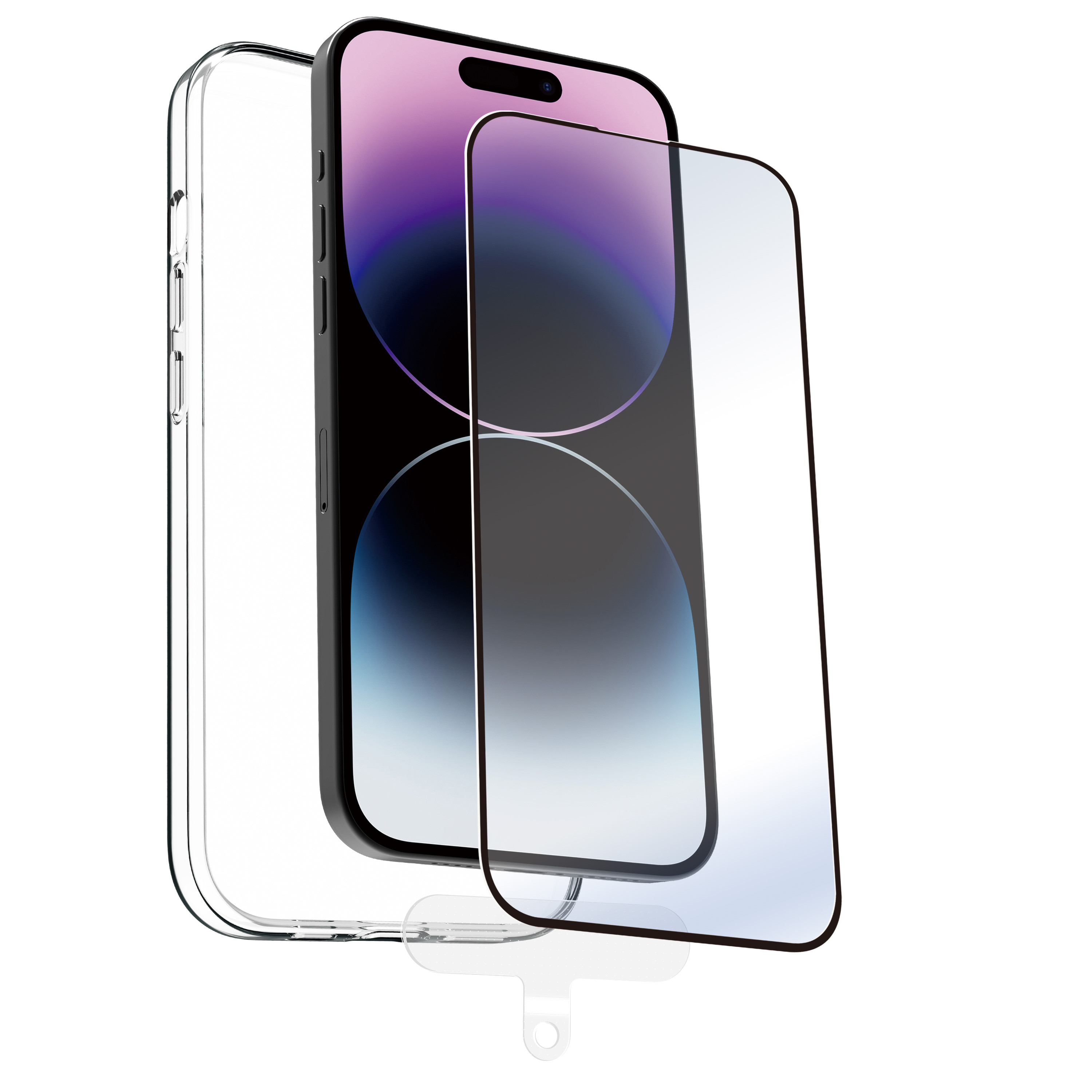 Un teléfono, una funda y un protector de pantalla, todo en una vista clara en perspectiva.