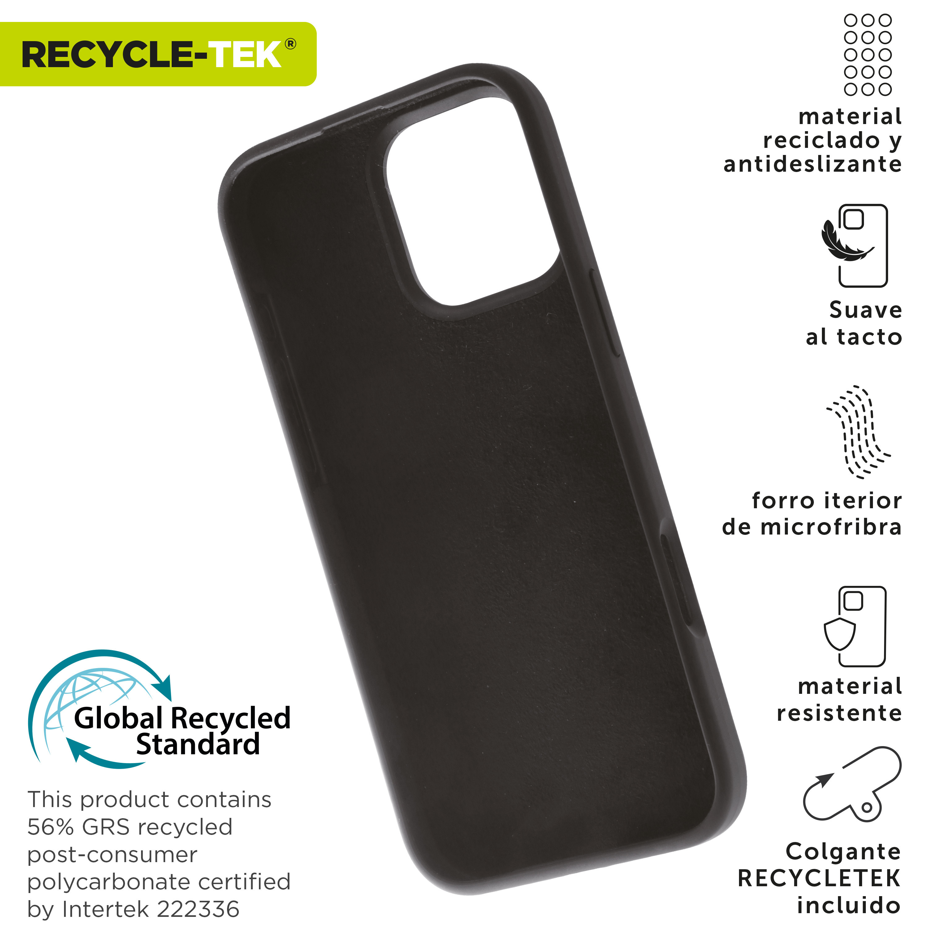 Funda de teléfono negra con símbolos de reciclaje, texto y un interior de microfibra.