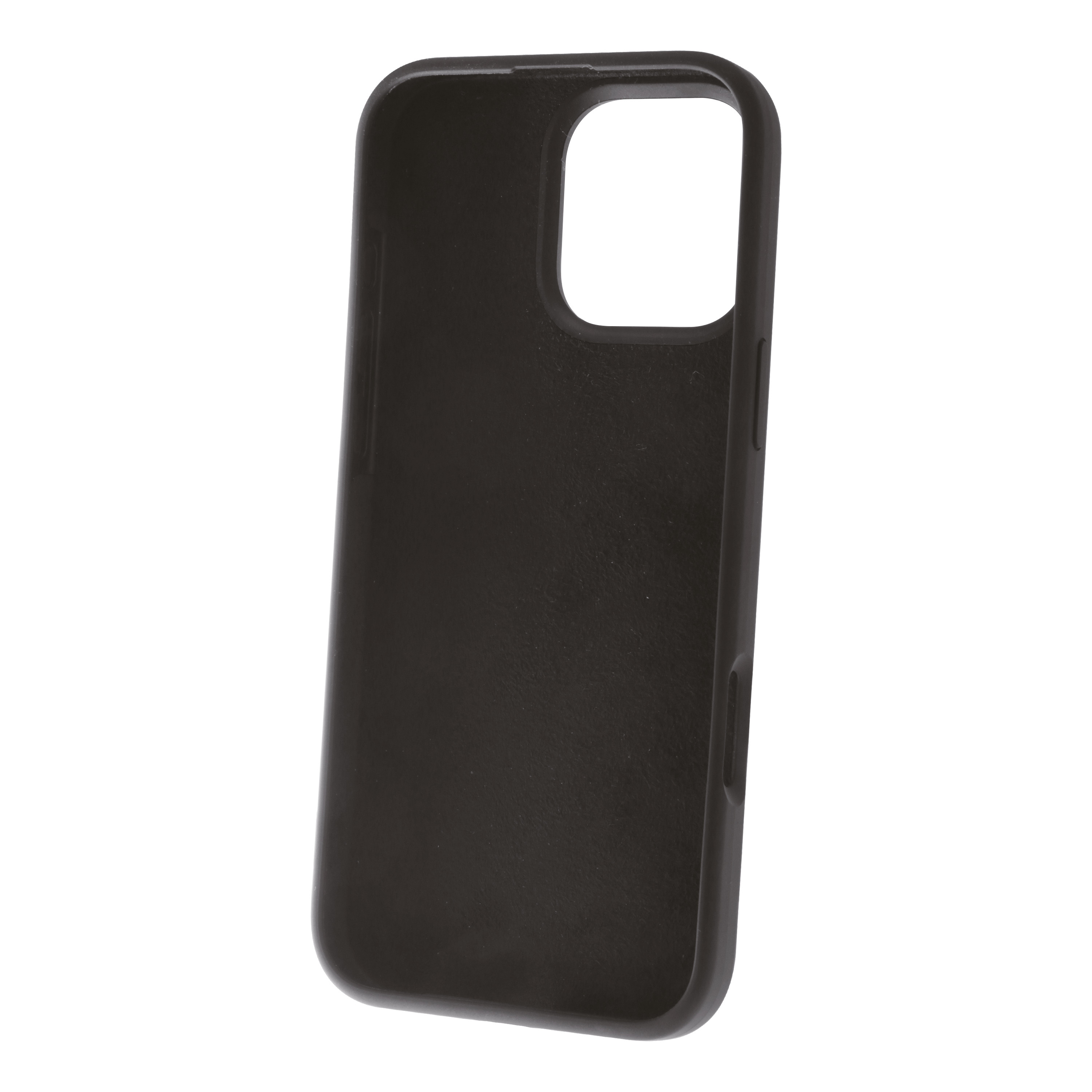Funda de teléfono negra, en ángulo, sobre una superficie blanca, con fondo blanco.