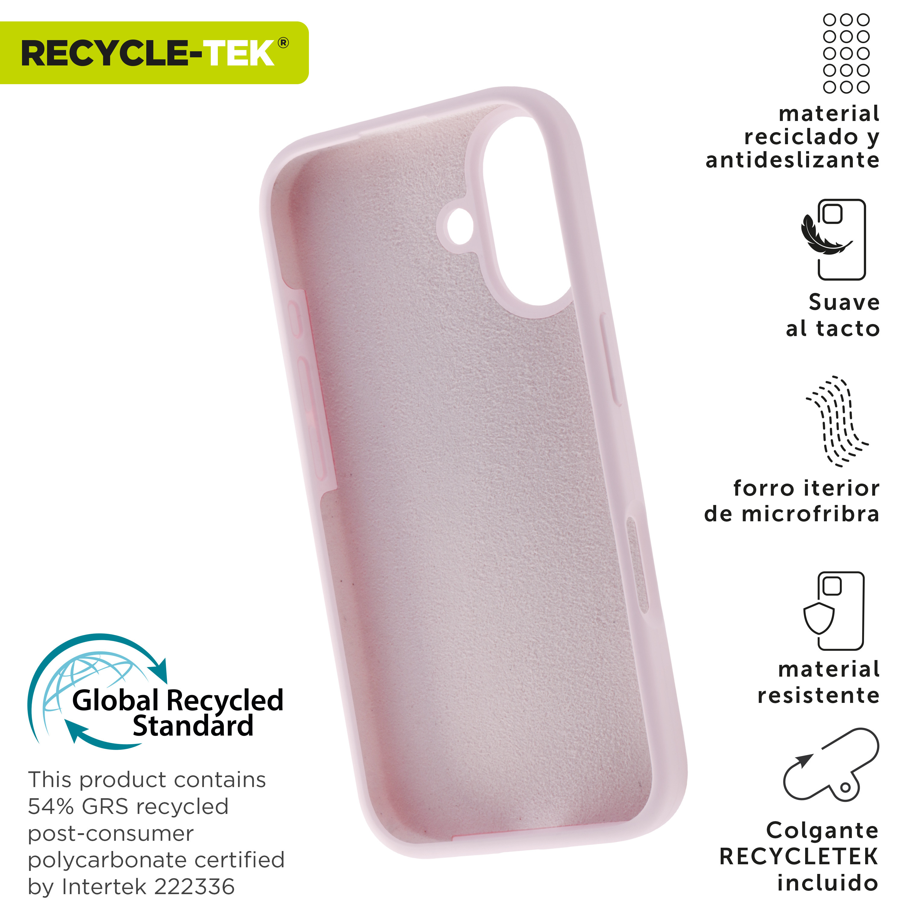 Funda rosa para teléfono sobre fondo blanco con detalles laterales. Reciclaje y descripción del material.