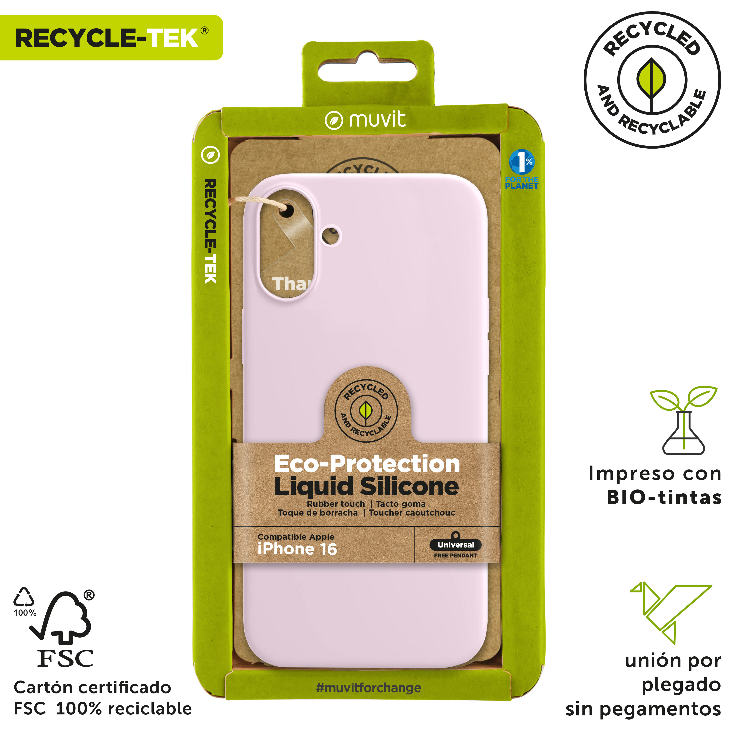 Funda de teléfono rosa en un paquete verde y blanco. Contiene texto y logotipos.