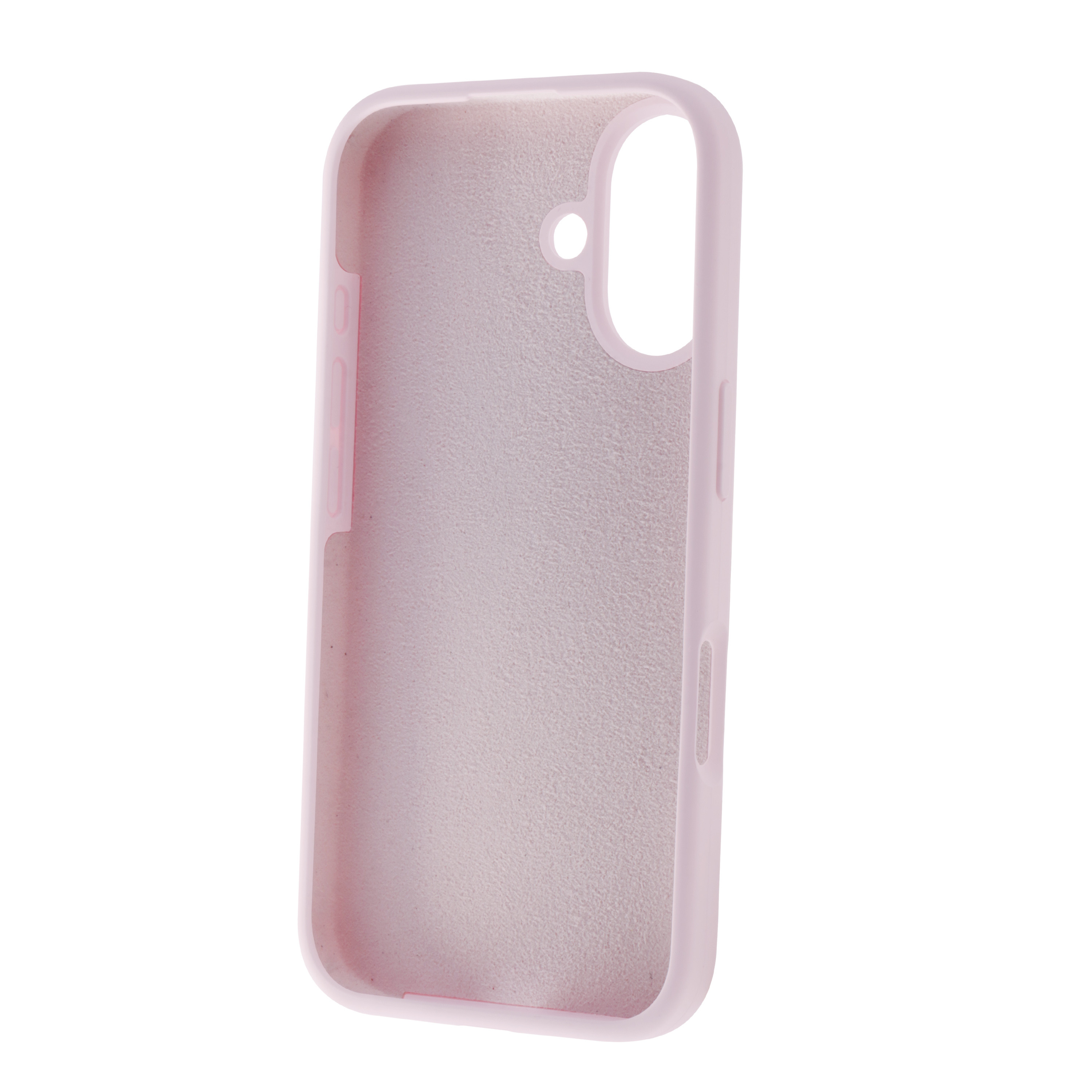 Una funda de teléfono rosa claro. El interior es de un rosa más claro y el exterior de un rosa más oscuro.