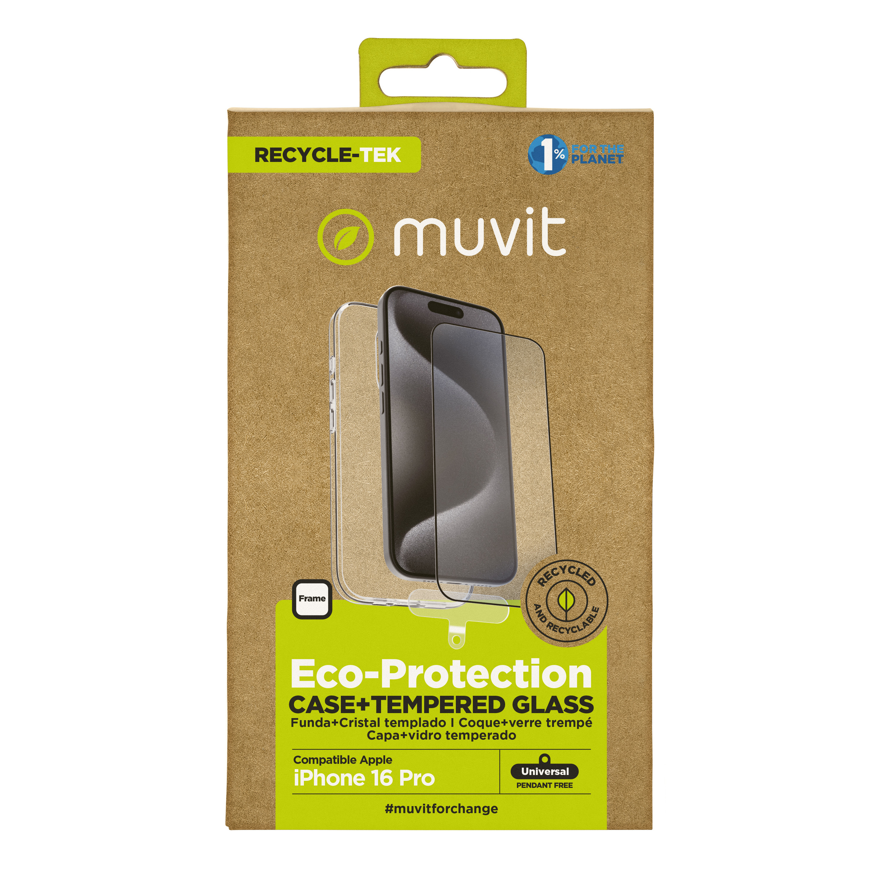 Empaque de funda y vidrio templado Eco-Protection para iPhone 16 Pro.