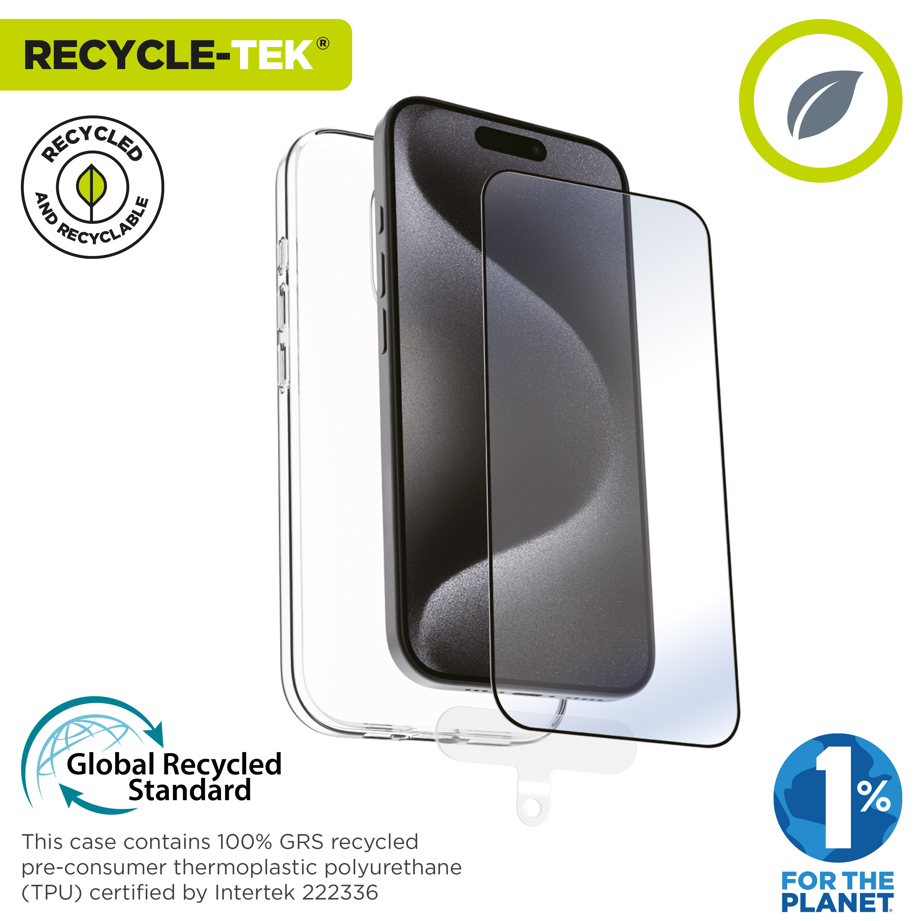 Funda transparente con un teléfono dentro. La funda está sobre fondo blanco con detalles de reciclaje.