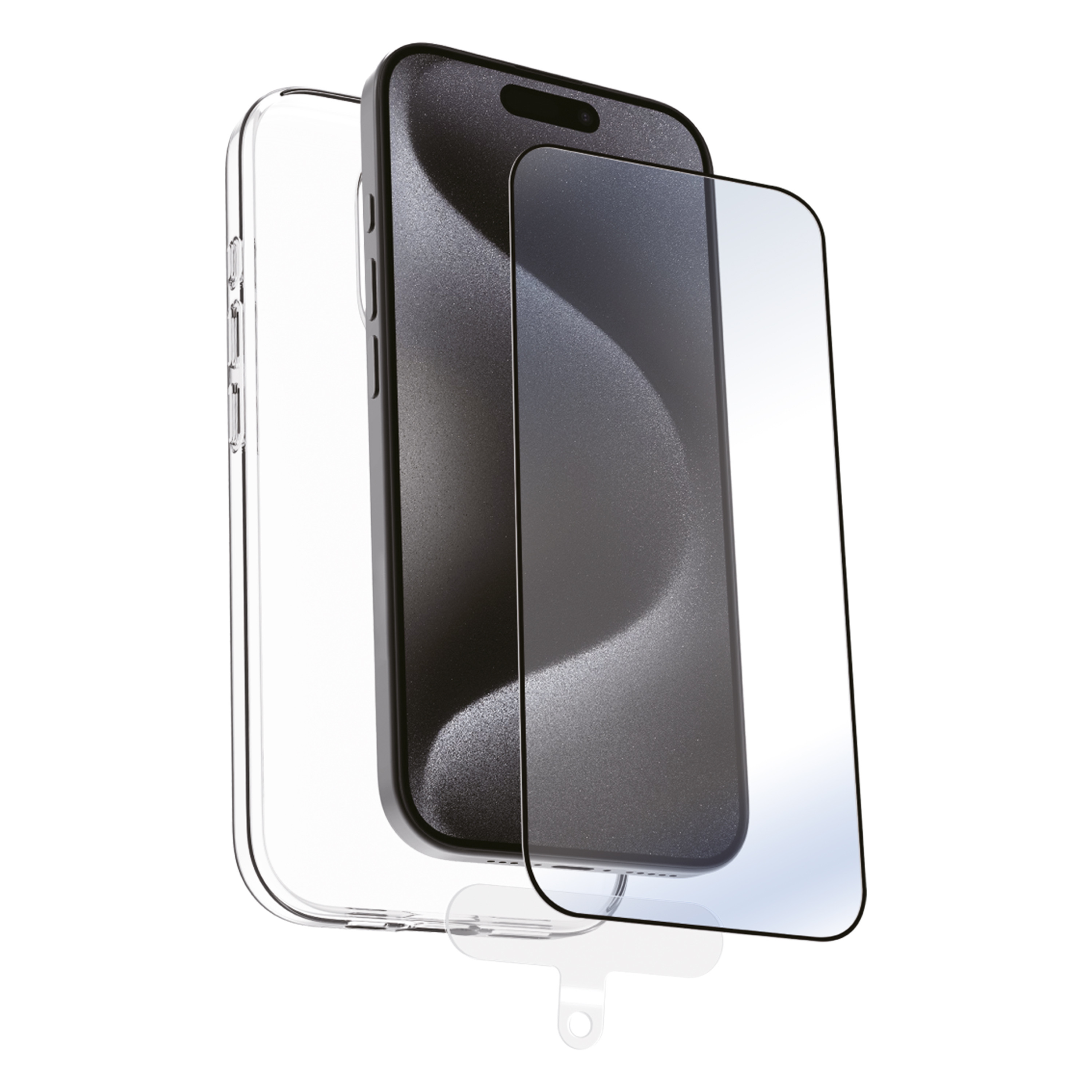 Un teléfono con funda y protector de pantalla, sobre una superficie blanca, en ángulo.