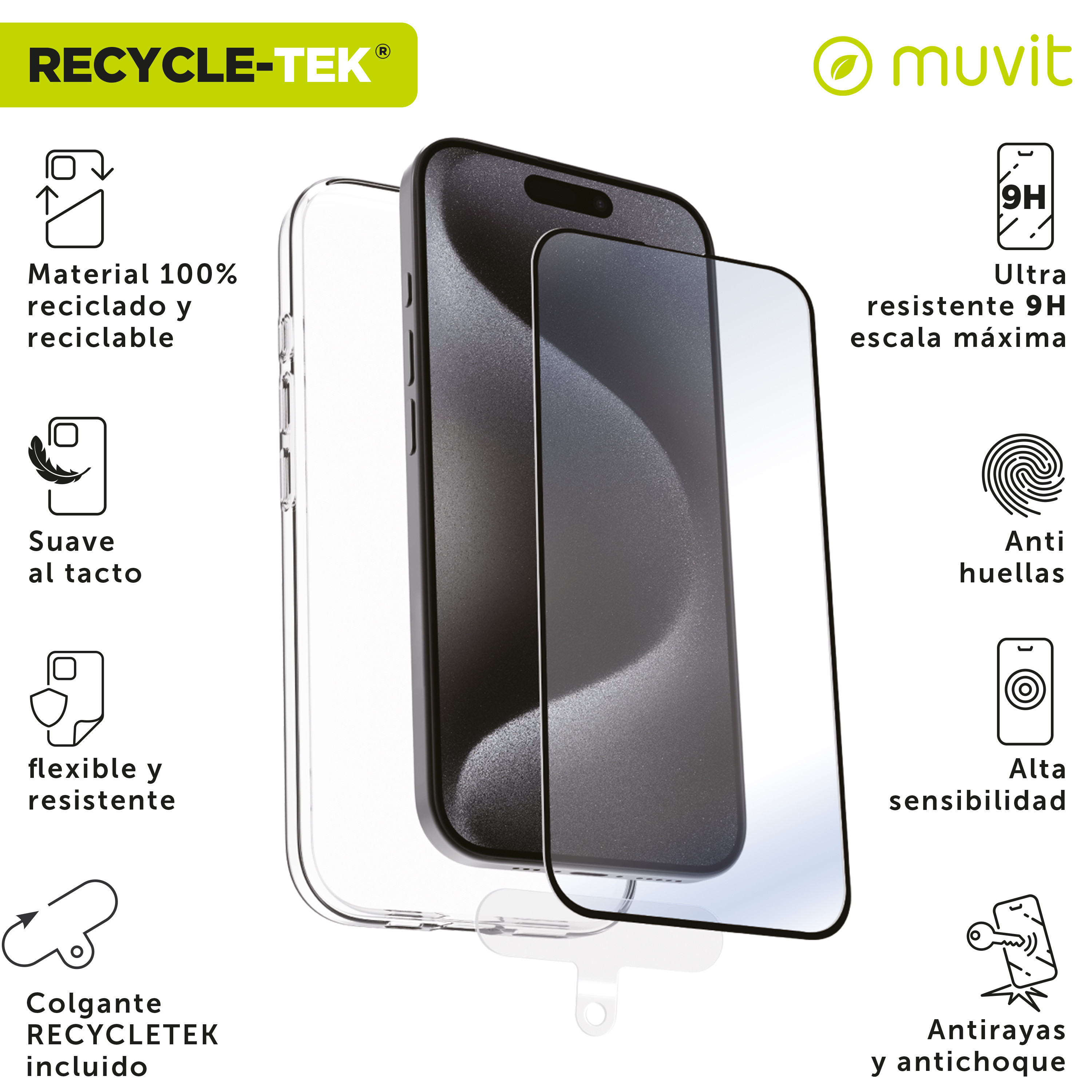 Un kit de protector de pantalla para teléfono. El teléfono y el protector están en el centro. El texto y los iconos muestran las características.