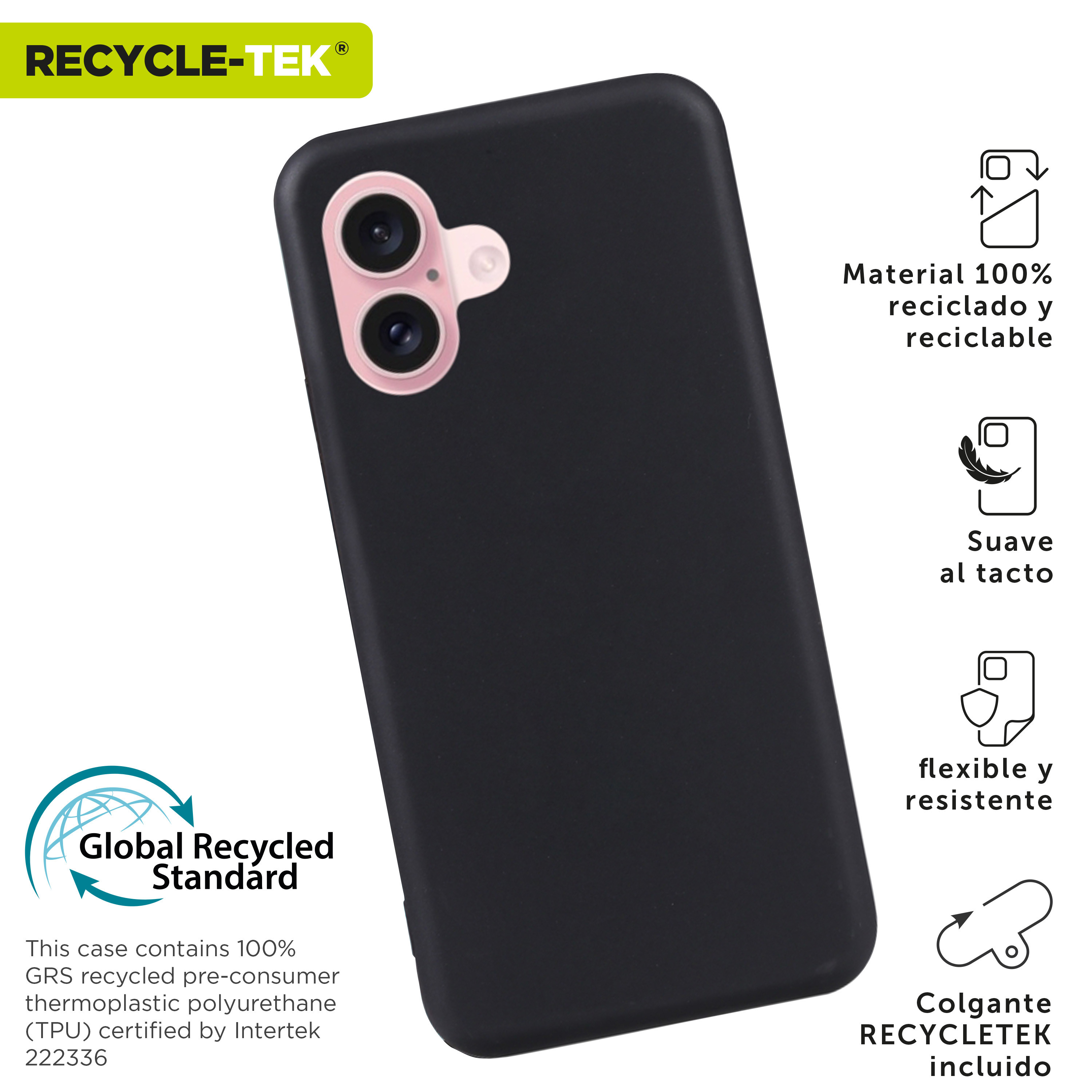 Funda de teléfono negra con anillo de cámara rosa y texto. Muestra iconos de reciclaje y sostenibilidad.
