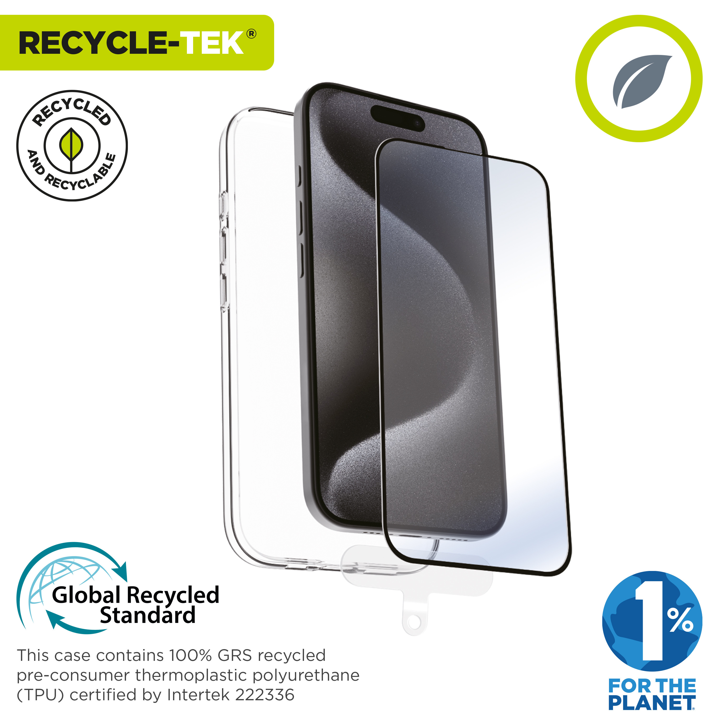 Smartphone y protector de pantalla, mostrando una funda transparente. Etiqueta Global Recycled Standard.