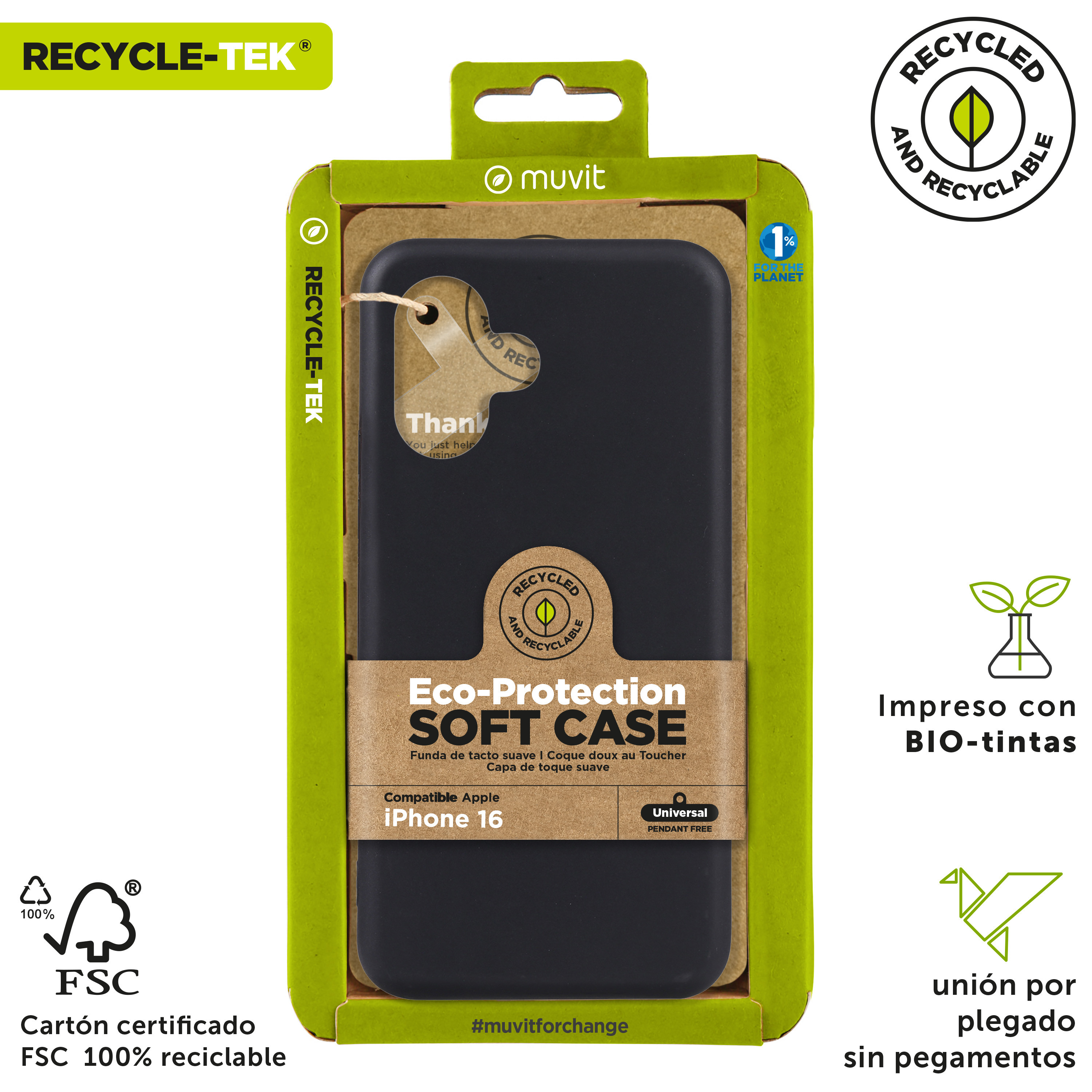 Funda de teléfono negra en una caja de cartón verde. Contiene una funda para iPhone 16. Texto multilingüe.