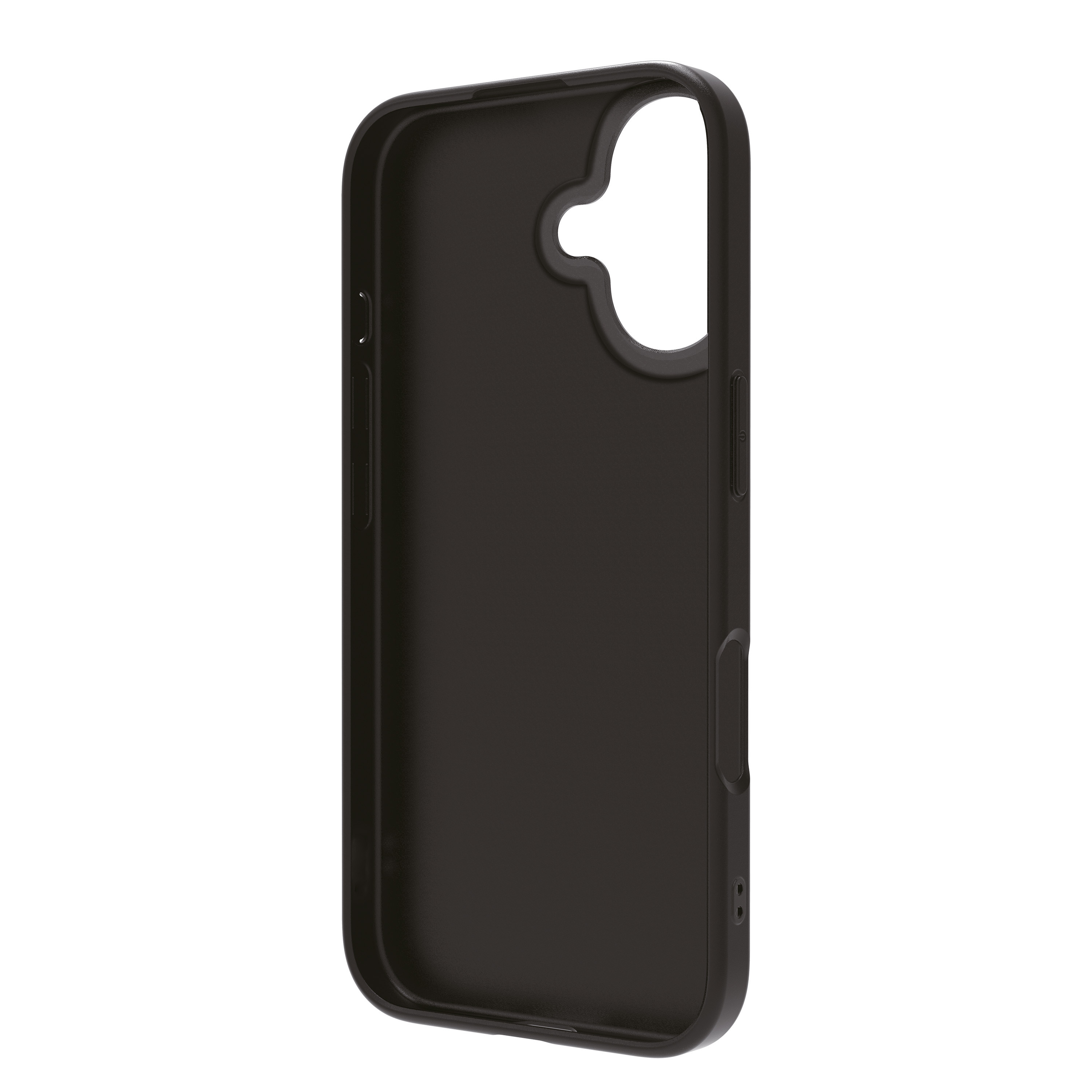 Funda de teléfono negra, vista lateral abierta.