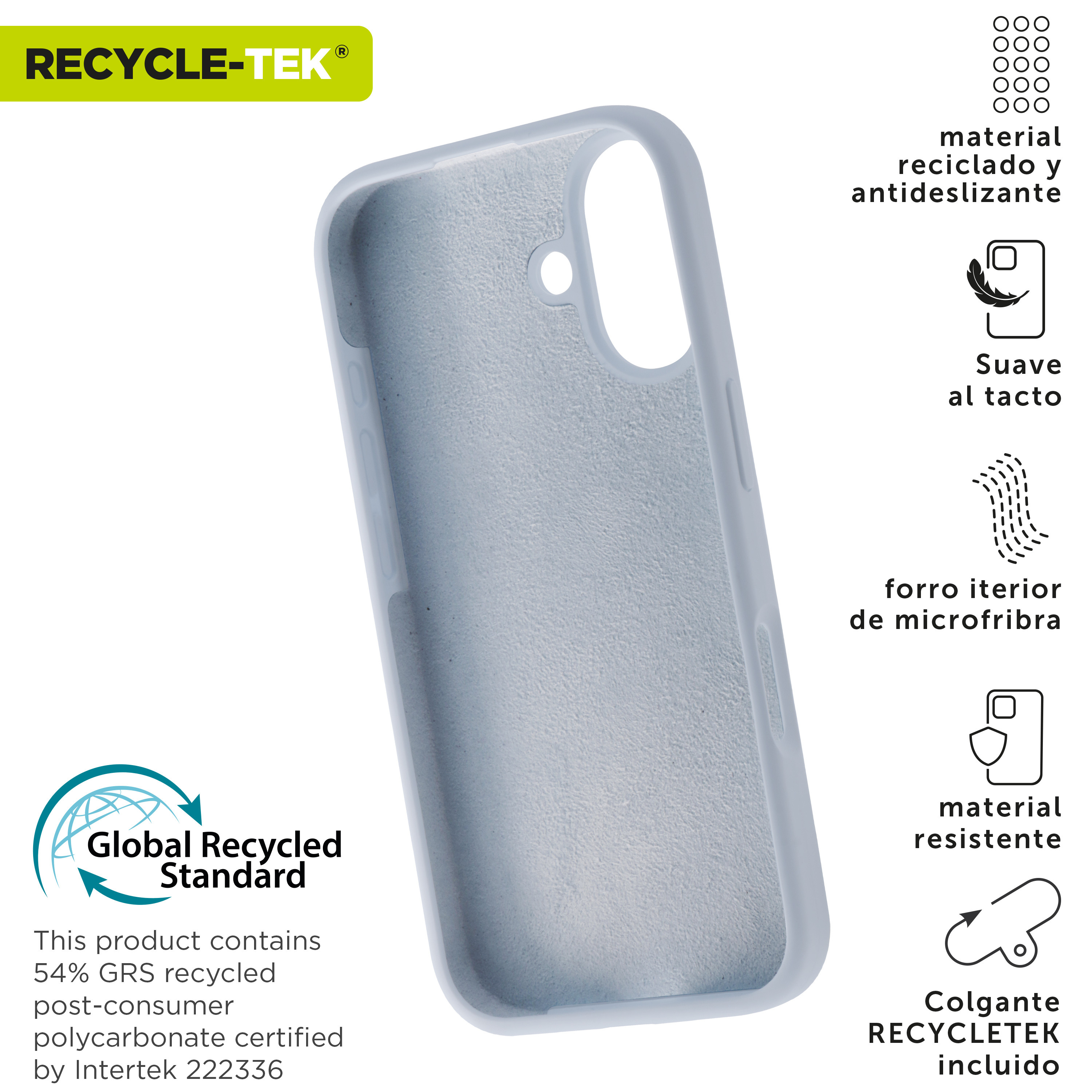Una funda de teléfono azul claro con texto e iconos que describen características. Fondo blanco.