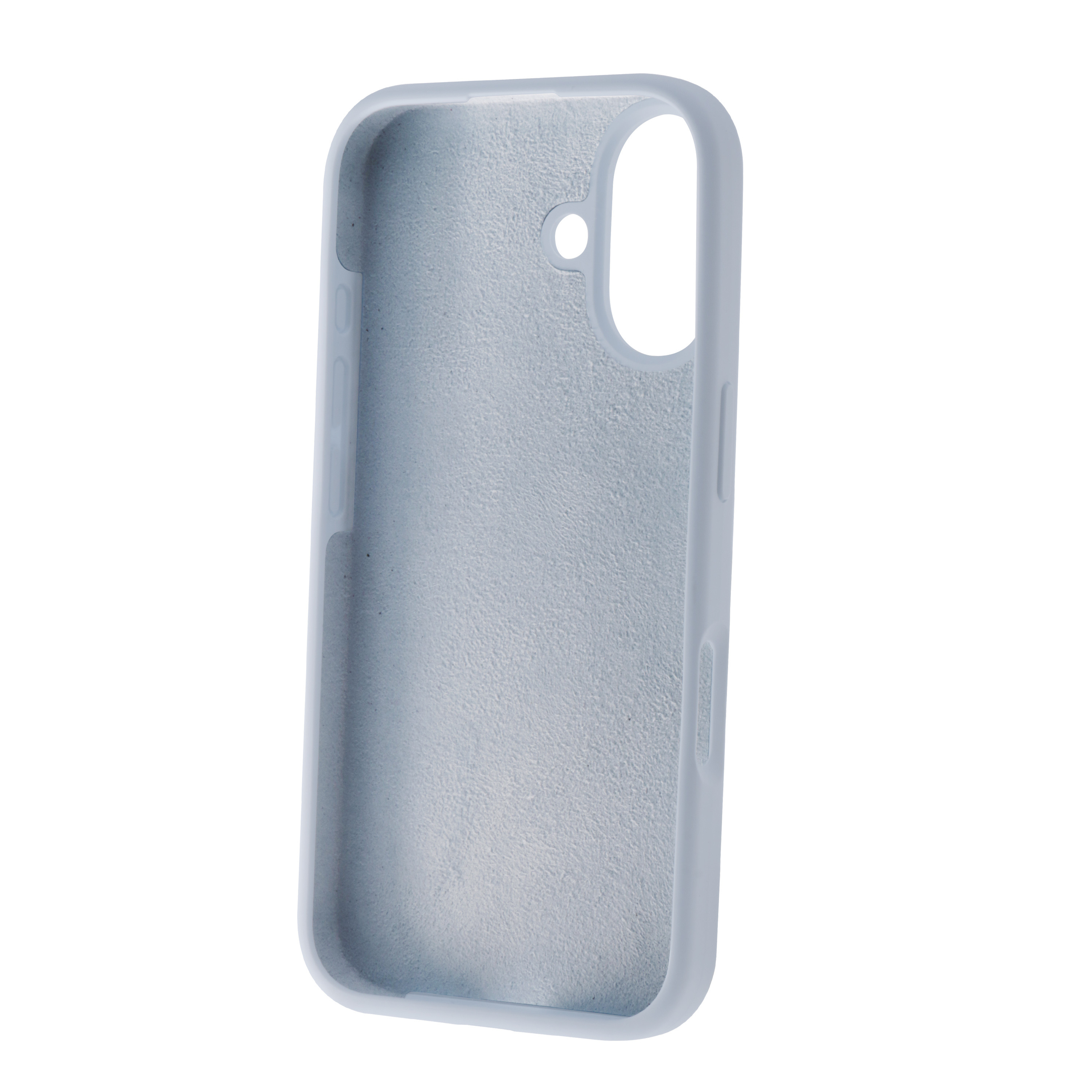 Funda de teléfono azul claro con agujero para cámara, mostrando el interior.