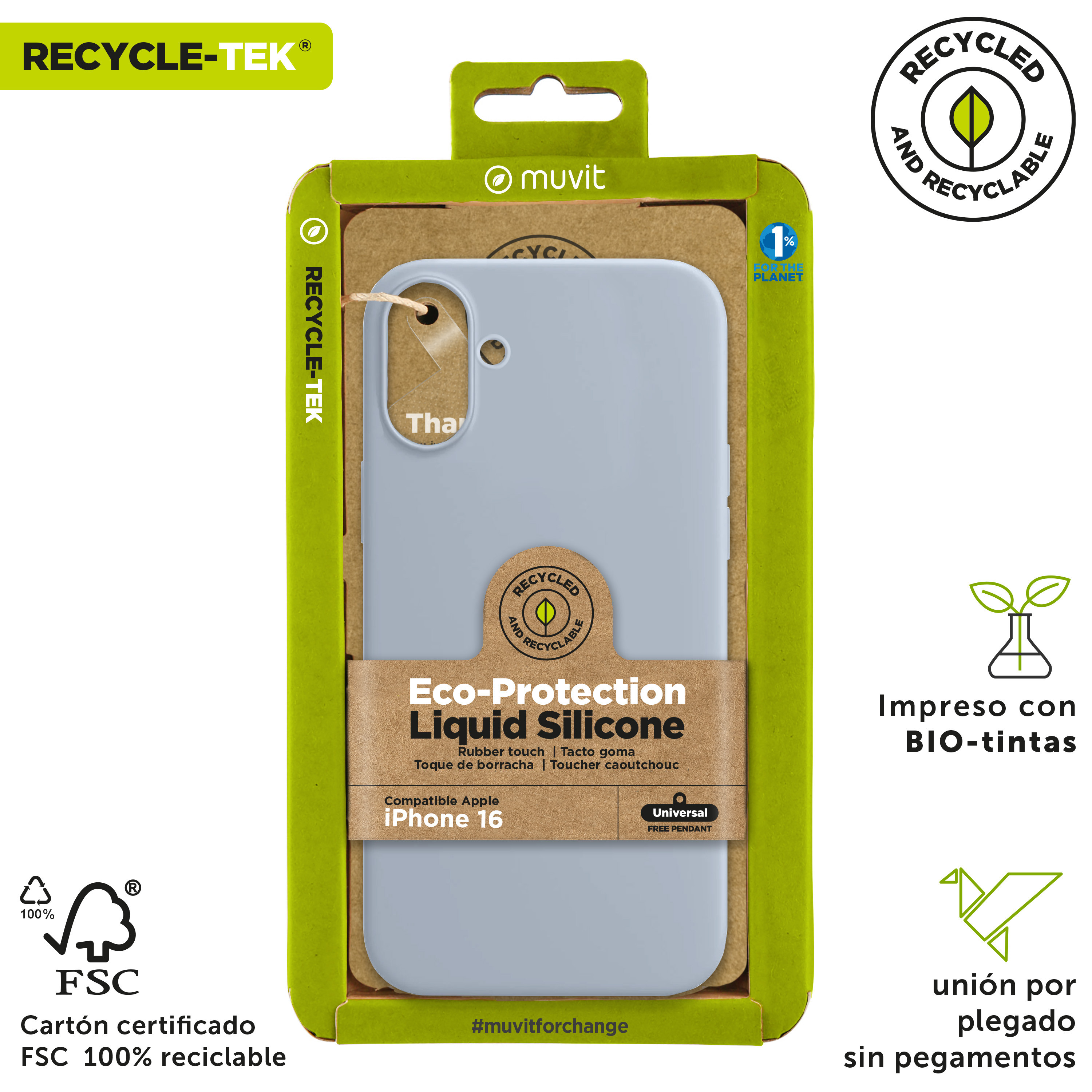 Una funda para teléfono en su embalaje. Es de color azul claro y tiene un diseño protector.