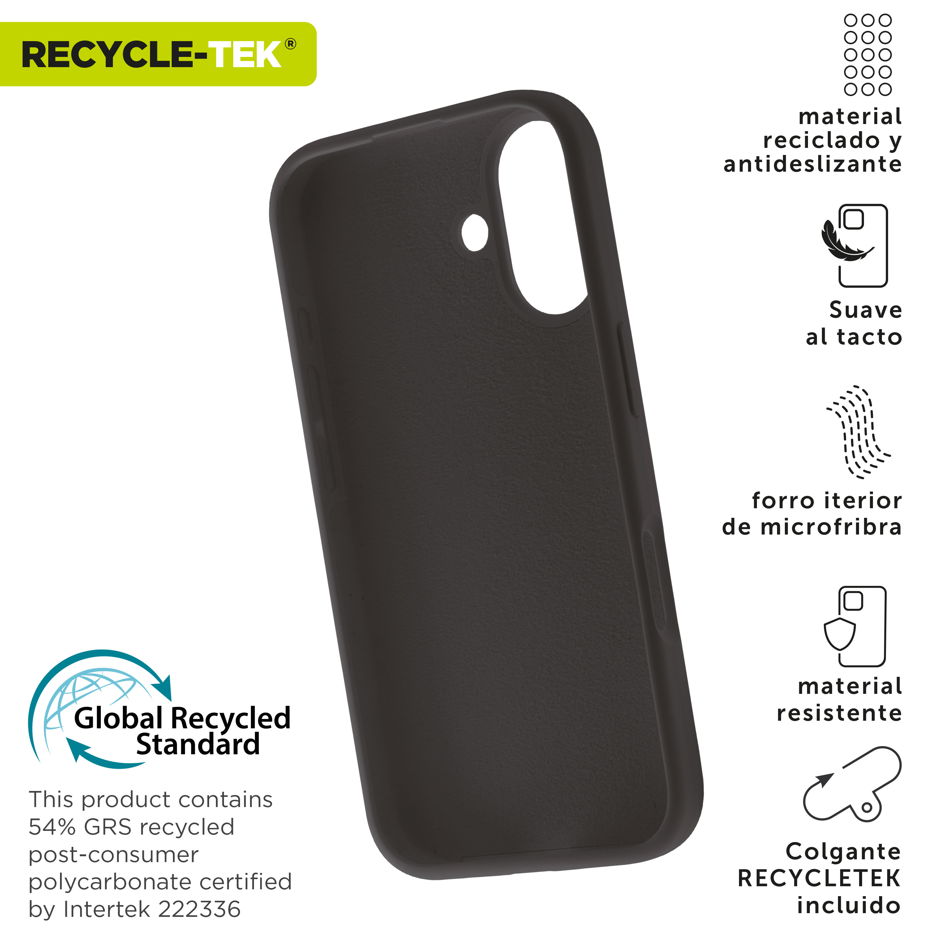 Una funda negra para teléfono mostrando un teléfono dentro. Tiene etiquetas de reciclaje y material reciclado.