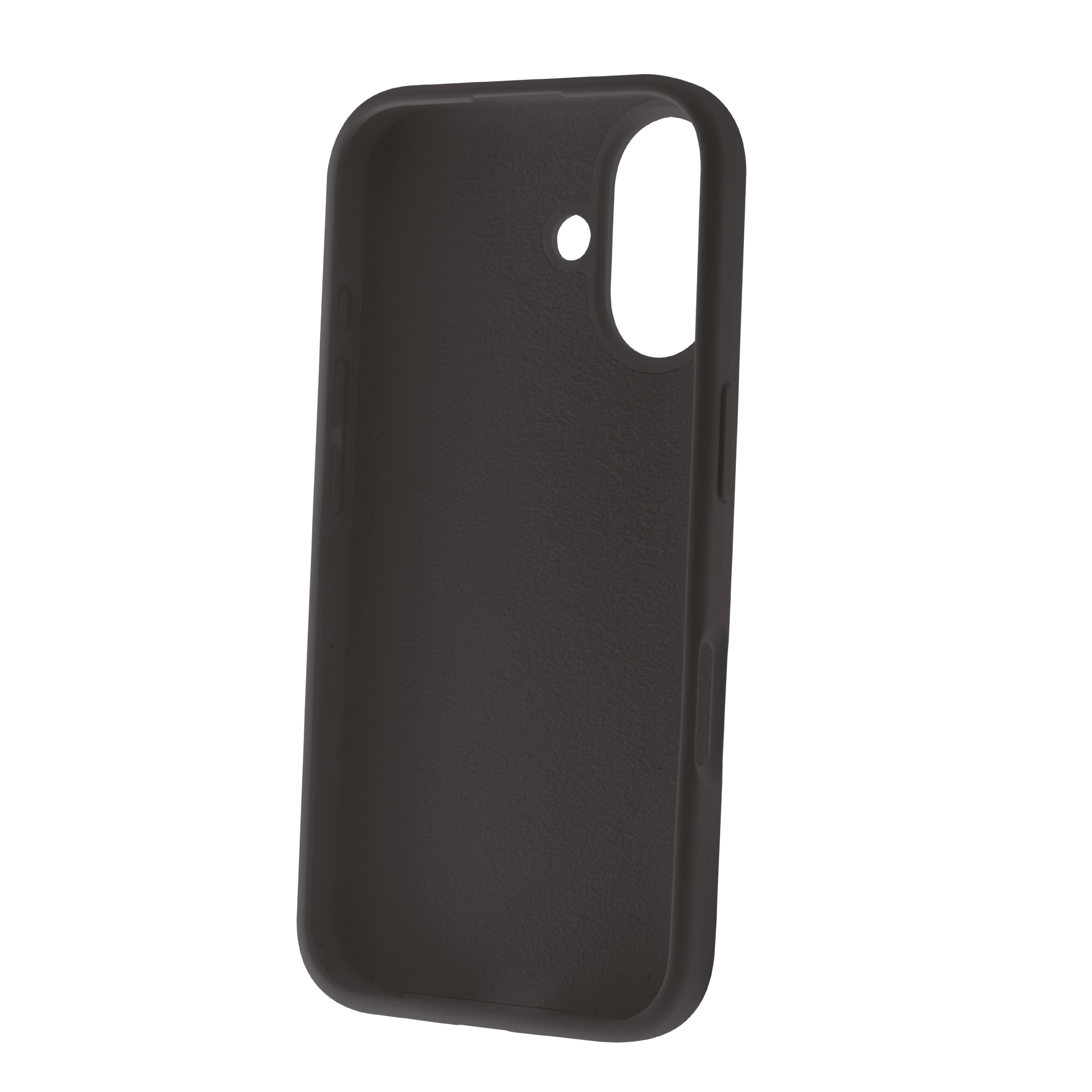 Funda de teléfono negra, que muestra el interior de la funda. La funda es sencilla.