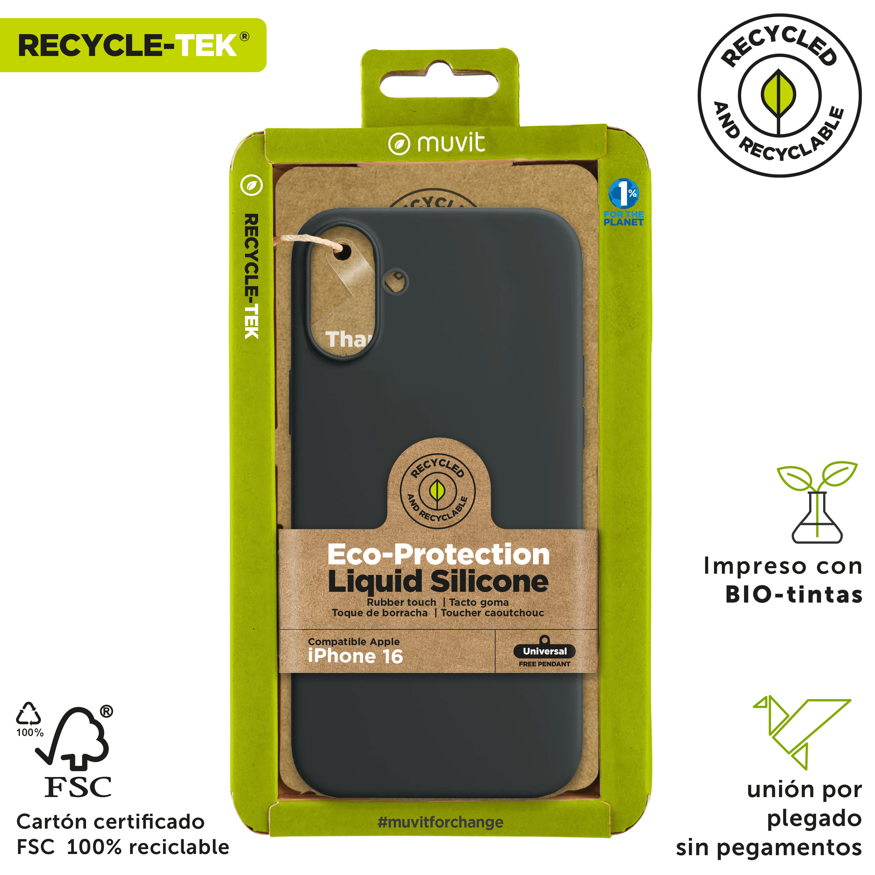 Un paquete de funda para teléfono. Funda negra dentro con texto que indica que es ecológica y reciclable.