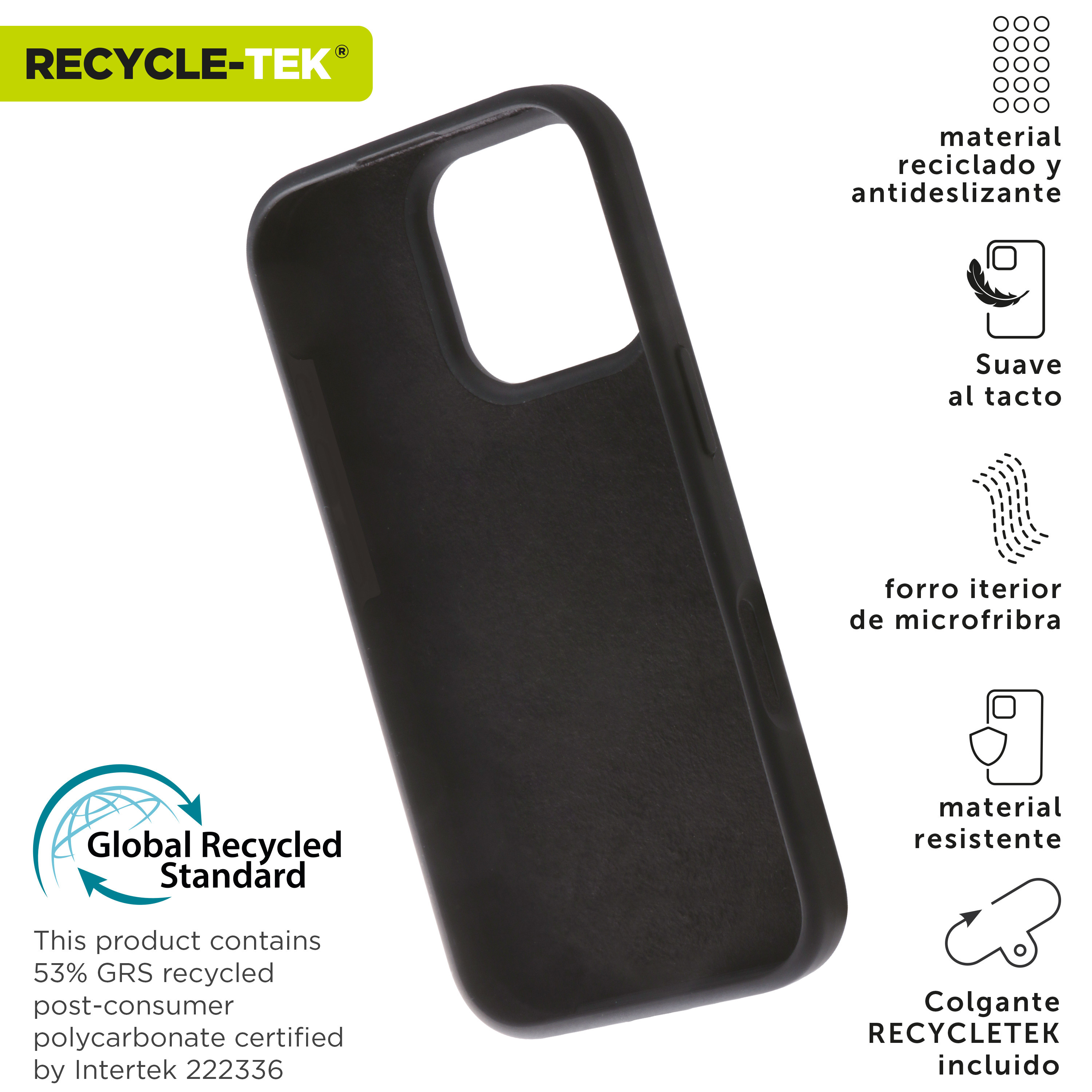Funda de teléfono negra que muestra sus características, incluido material reciclado y diseño suave al tacto.