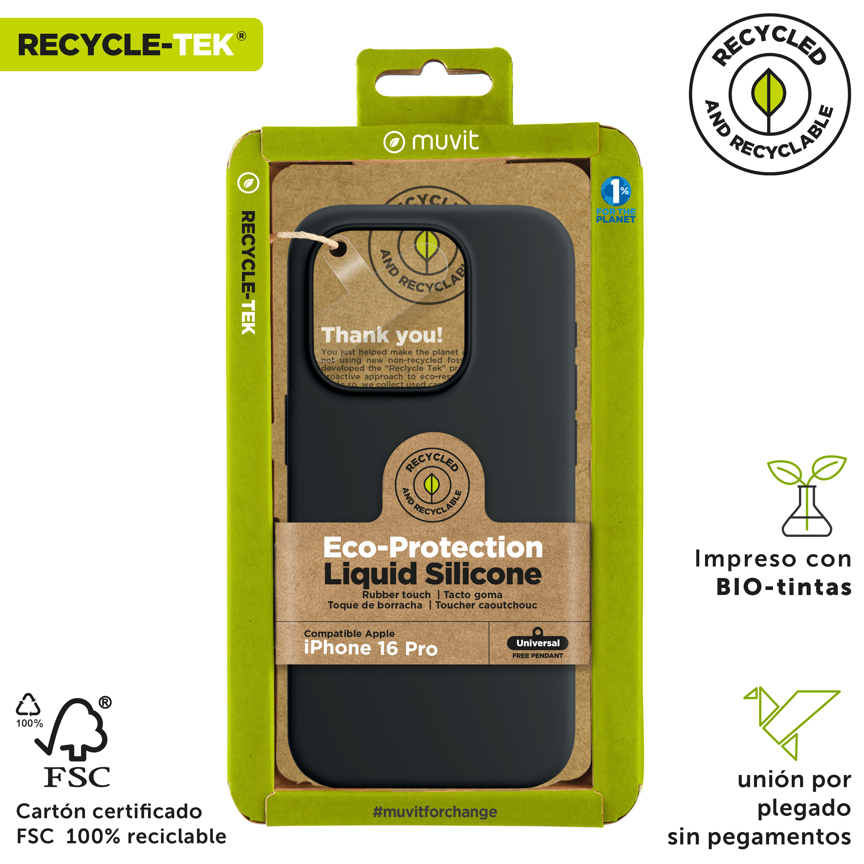 Funda para iPhone 16 Pro en una caja con marca ecológica y símbolos de reciclaje.