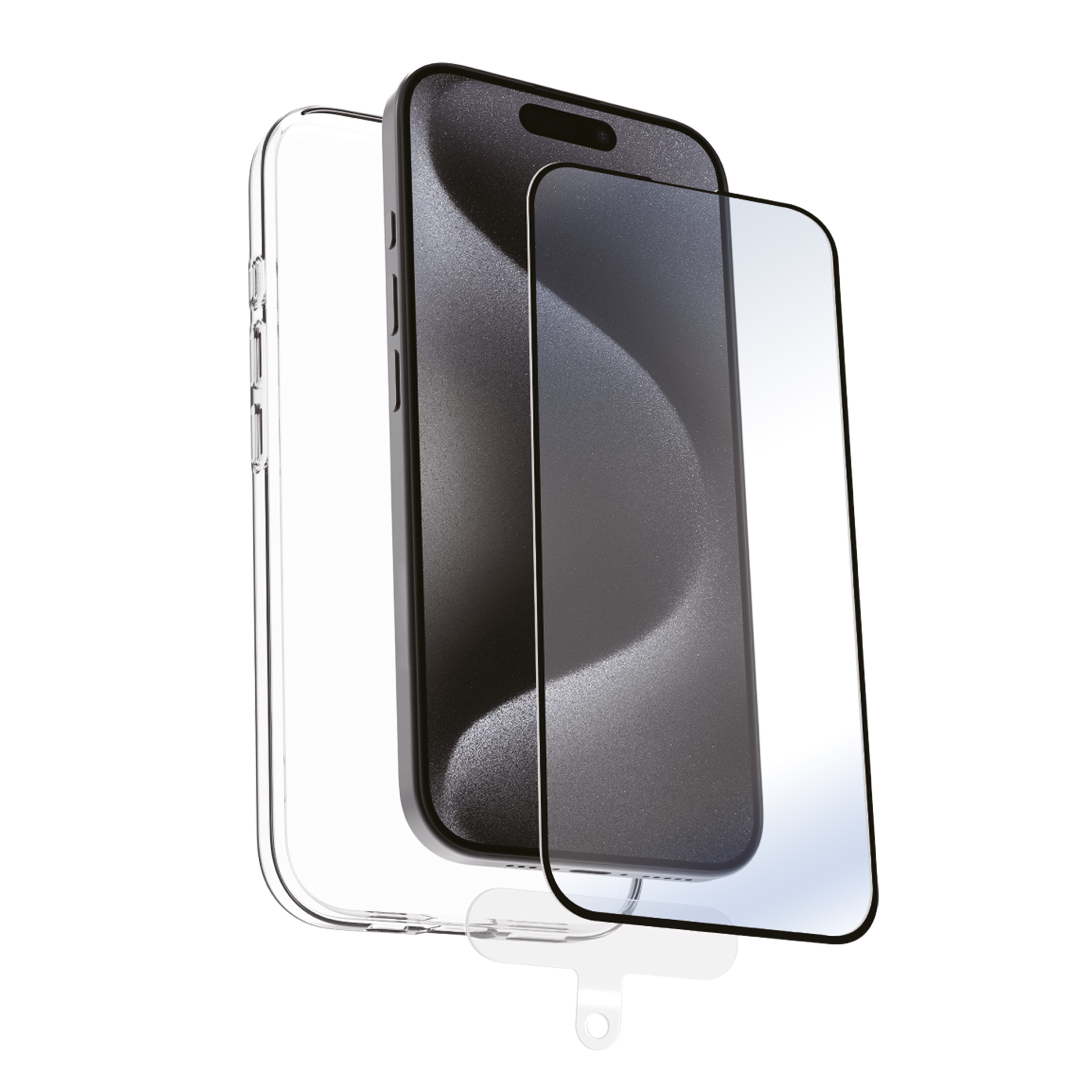 Un iPhone con protector de pantalla y funda transparente, el teléfono es negro con pantalla negra.