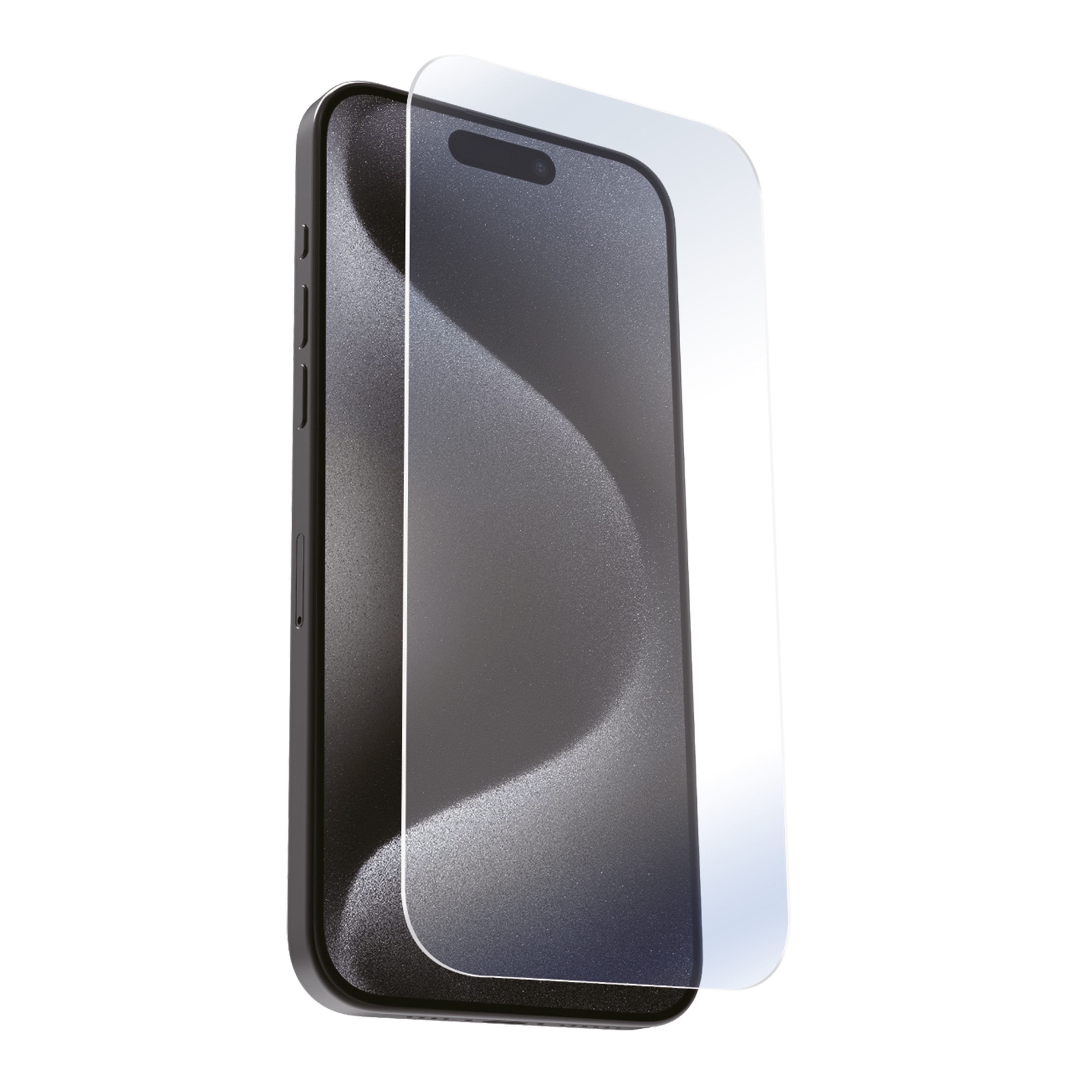 iPhone con protezione schermo. Il telefono è nero e la protezione è trasparente e copre lo schermo.