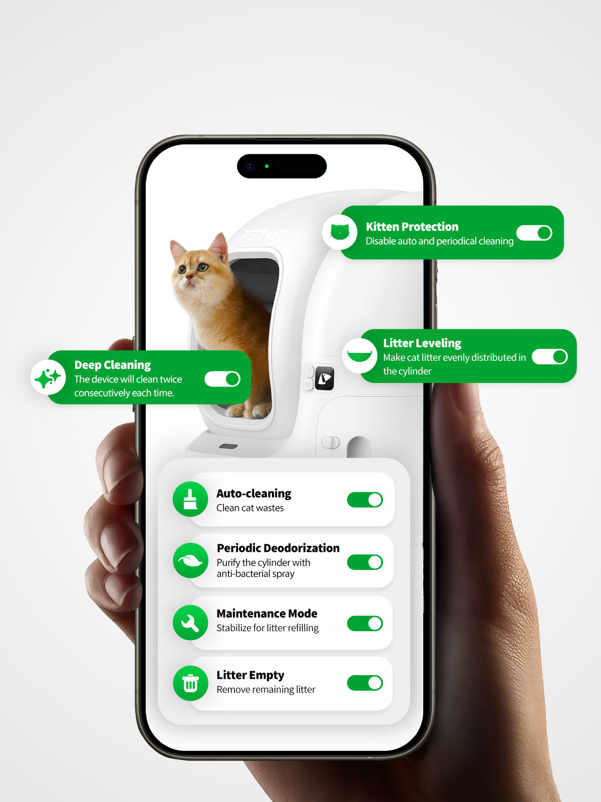 Ein Telefon, das eine Katze in einer Katzentoilette mit Reinigungs- und Wartungsoptionen anzeigt.