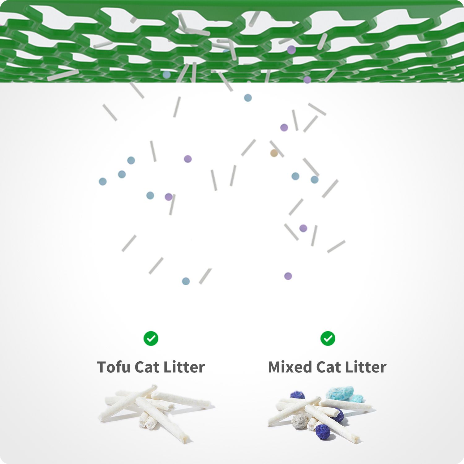 Visuelle Darstellung von Tofu-Katzenstreu vs. gemischter Katzenstreu. Tofu-Streu sind lange Stäbchen.