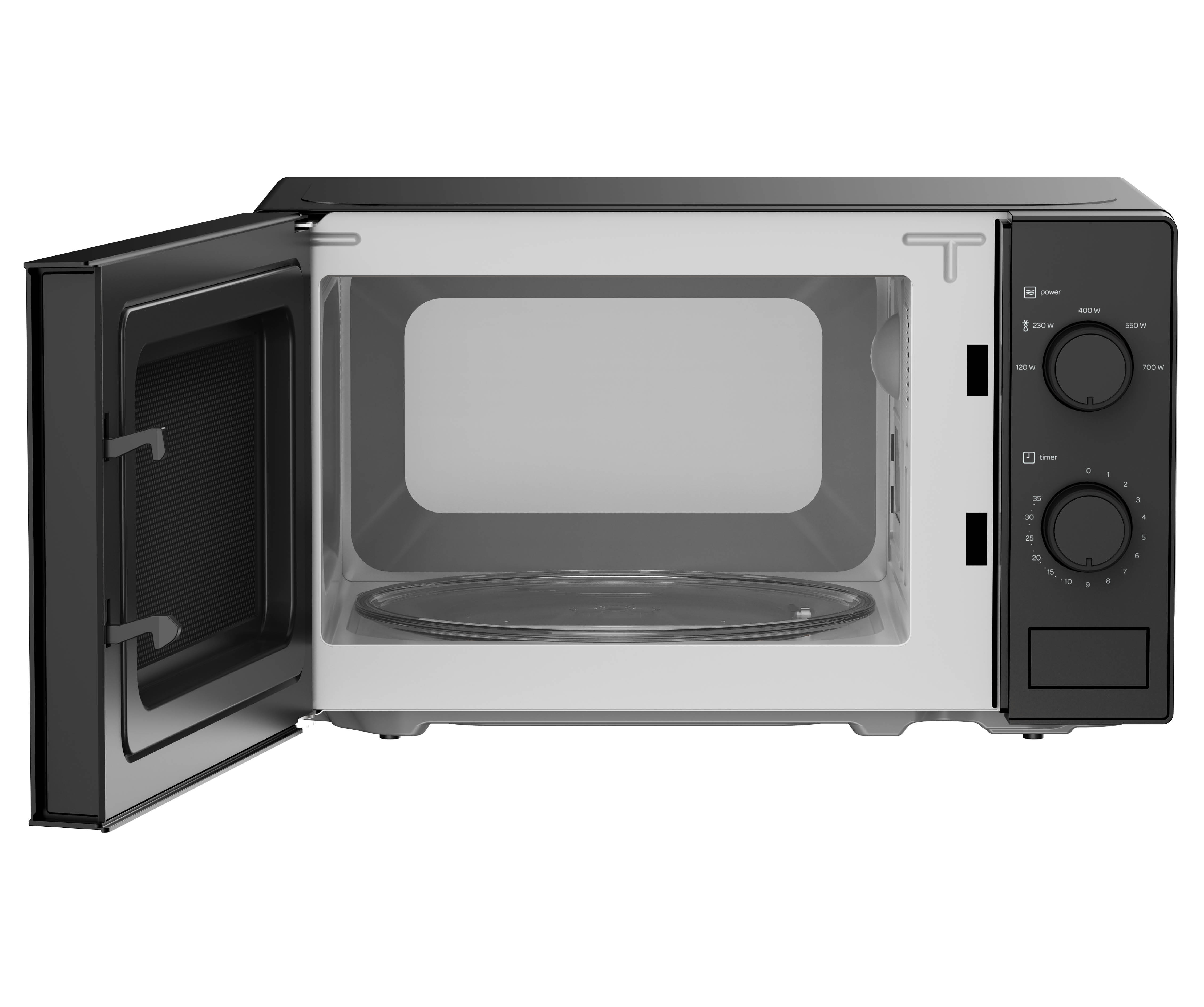 A microwave oven with the door open. Controls are on the right, and a glass plate is inside.