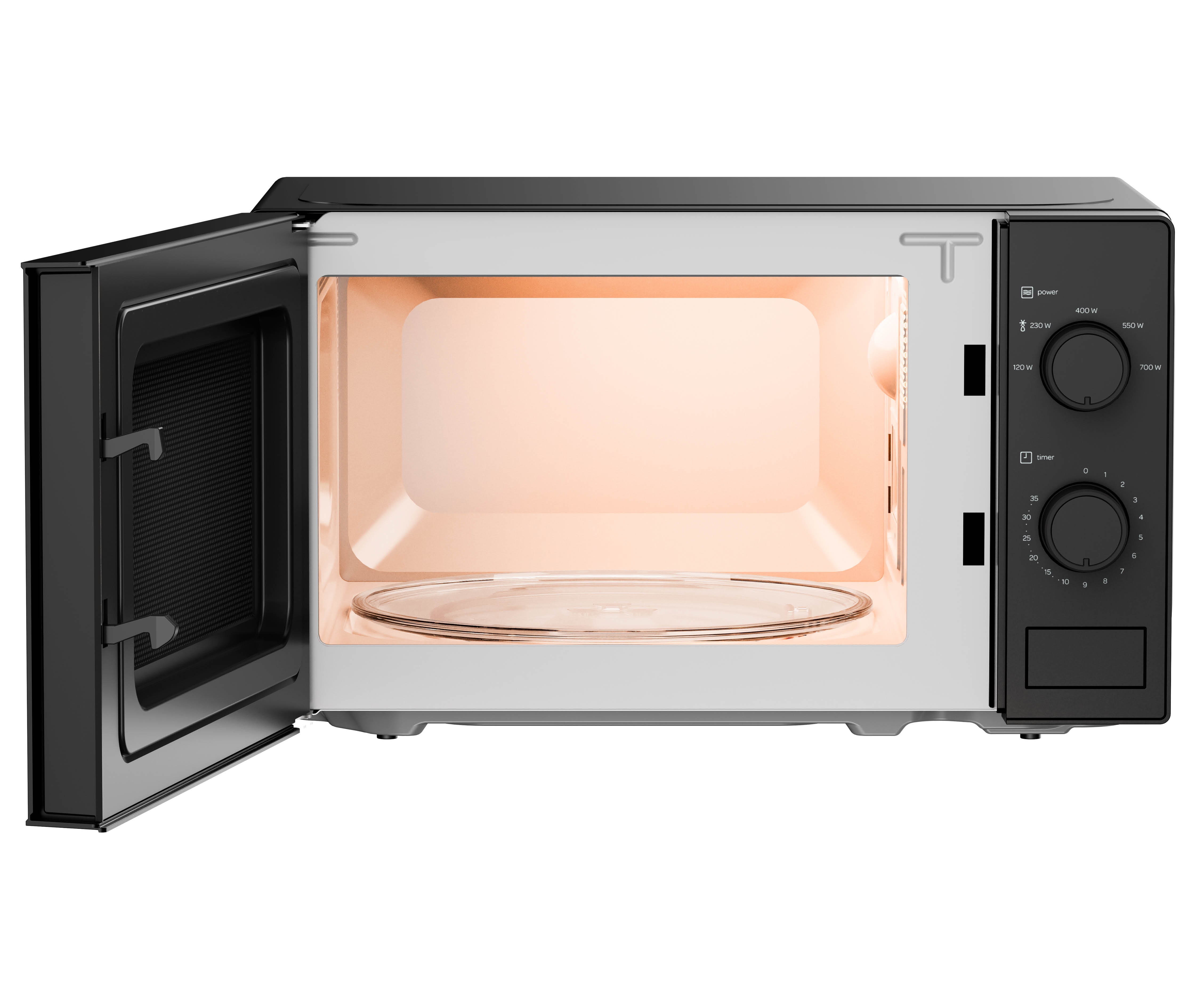 A microwave oven with the door open, showing the interior. The controls are on the right side.