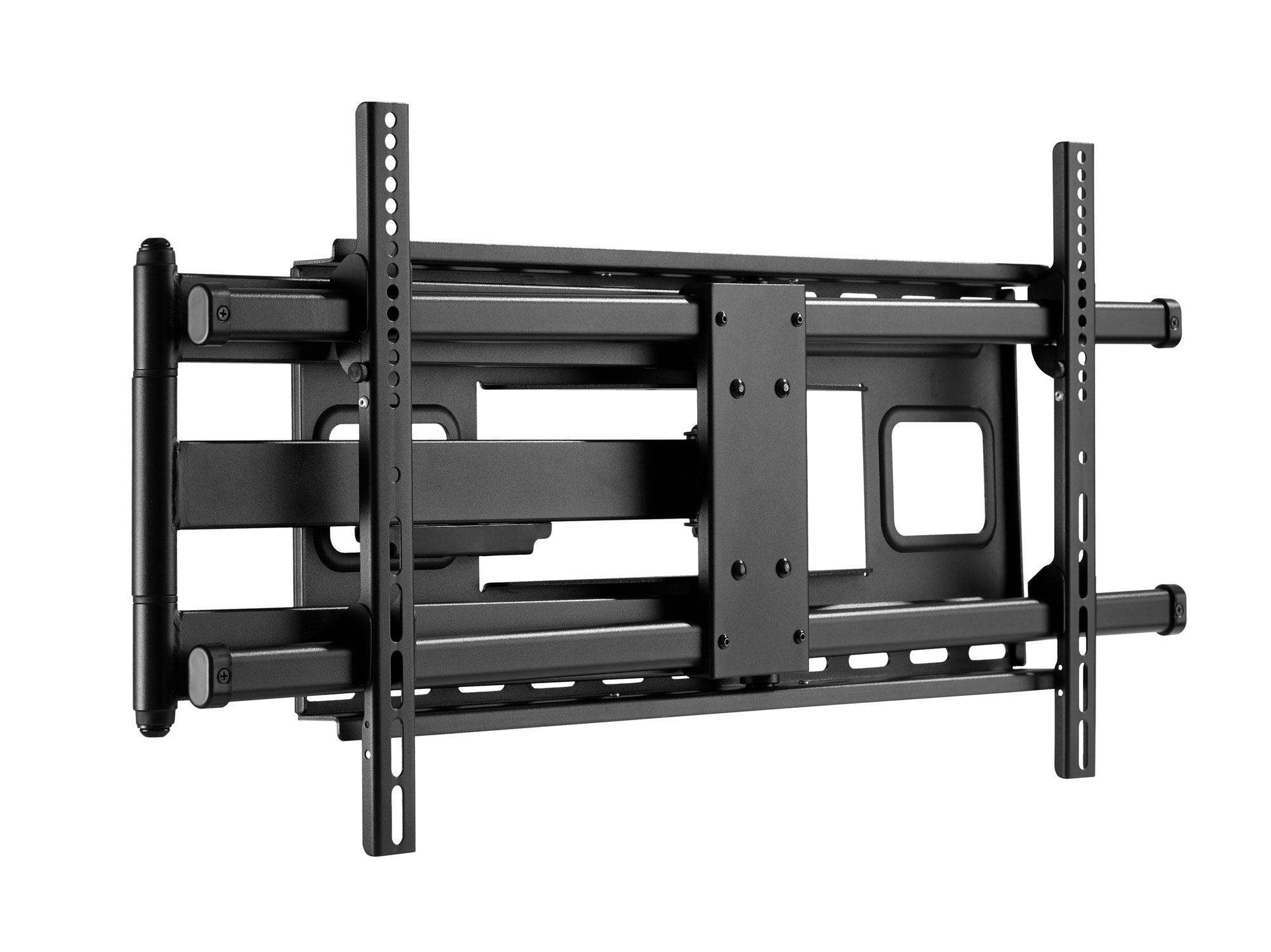 Eine schwarze TV-Wandhalterung, die zur Aufnahme eines Fernsehers bestimmt ist, vor weißem Hintergrund.