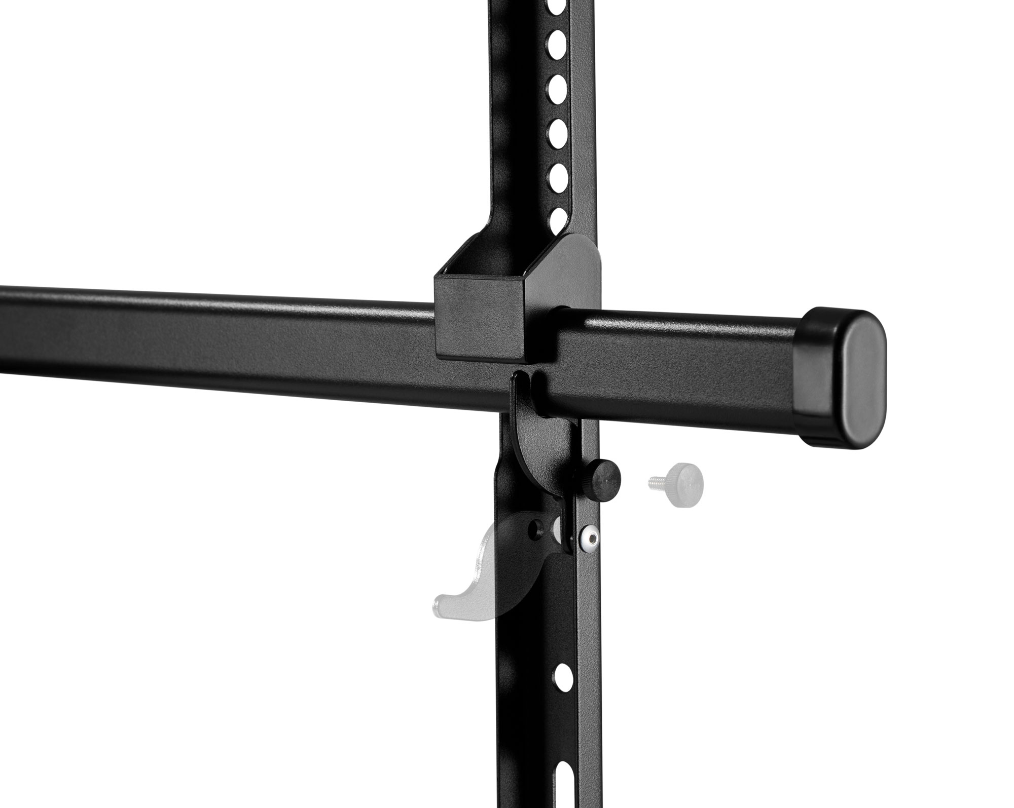 Schwarze Halterung mit horizontaler Stange und Schraube, isoliert auf Weiß.