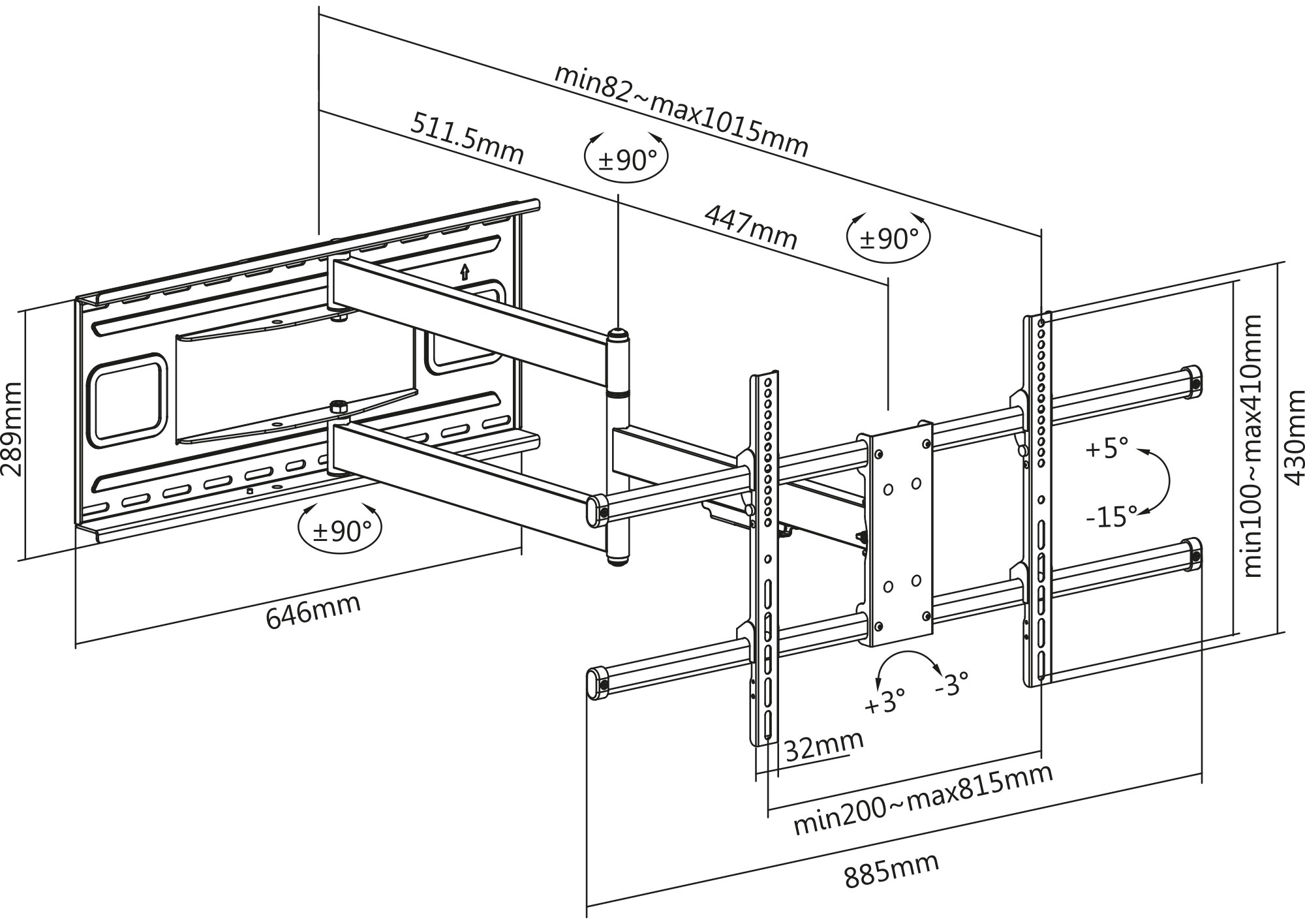 Diagramm einer TV-Wandhalterung. Zeigt Abmessungen und Winkel für die Installation.