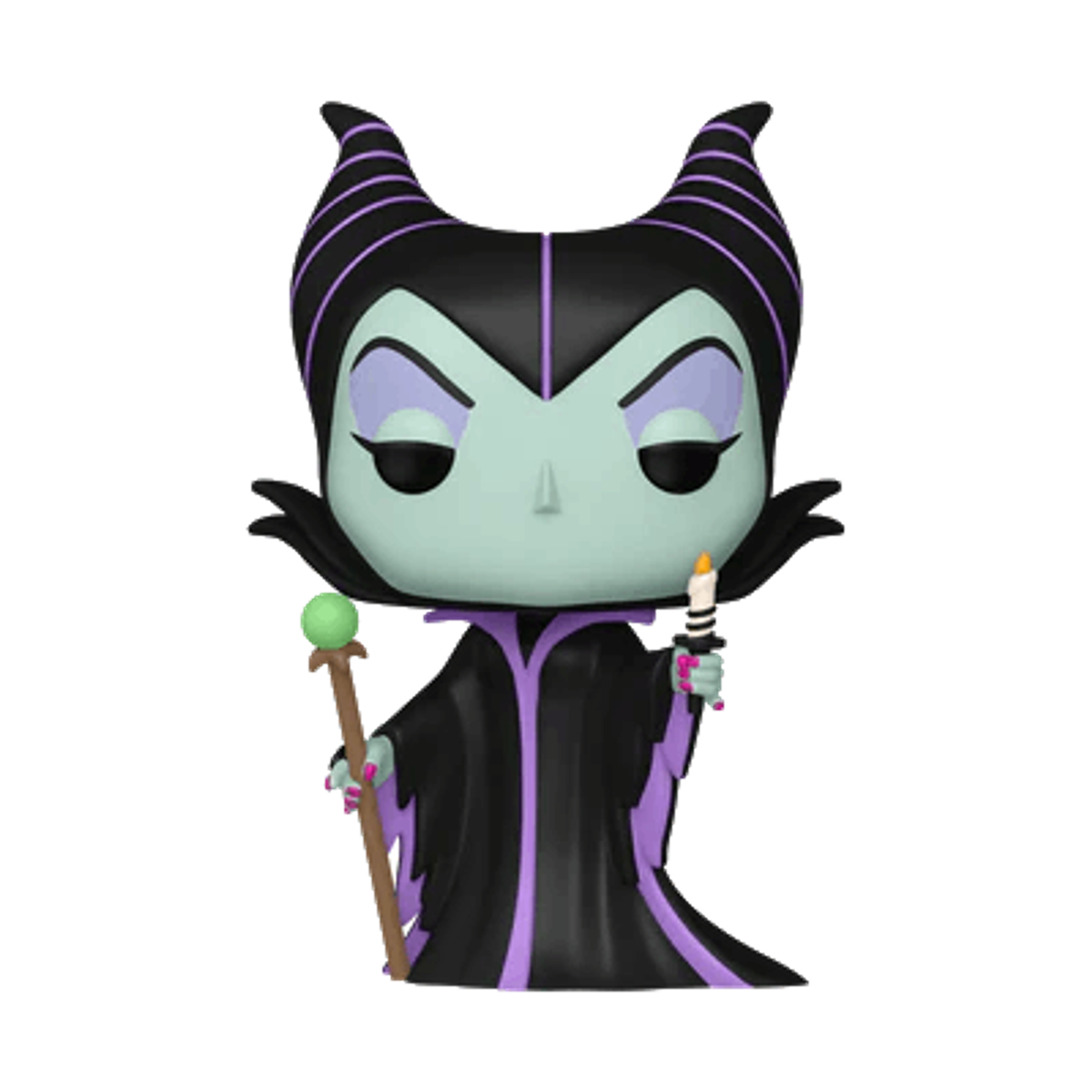 Figurka Funko Pop Maleficent, trzymająca świecę i laskę, w czarnym i fioletowym stroju.
