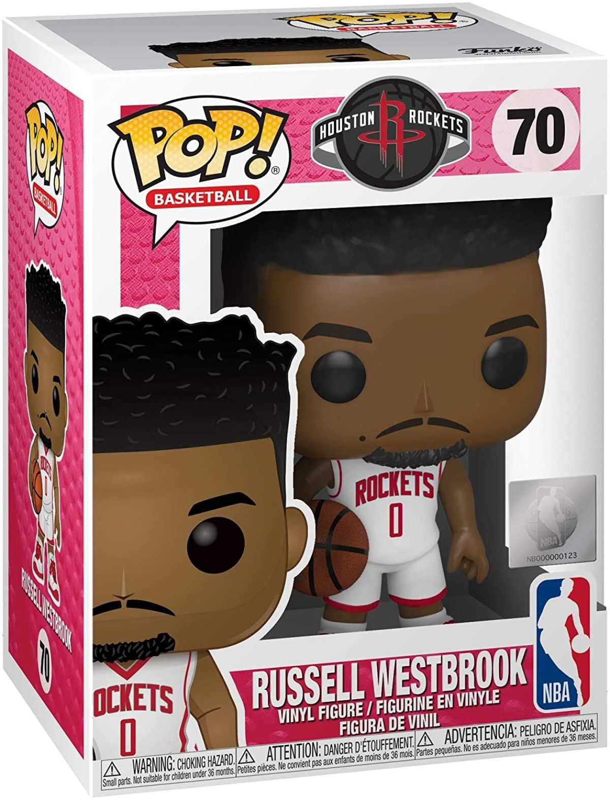 Russell Westbrook Funko Pop Figur in einer Box. Trägt ein Rockets-Trikot. Weißer Hintergrund.