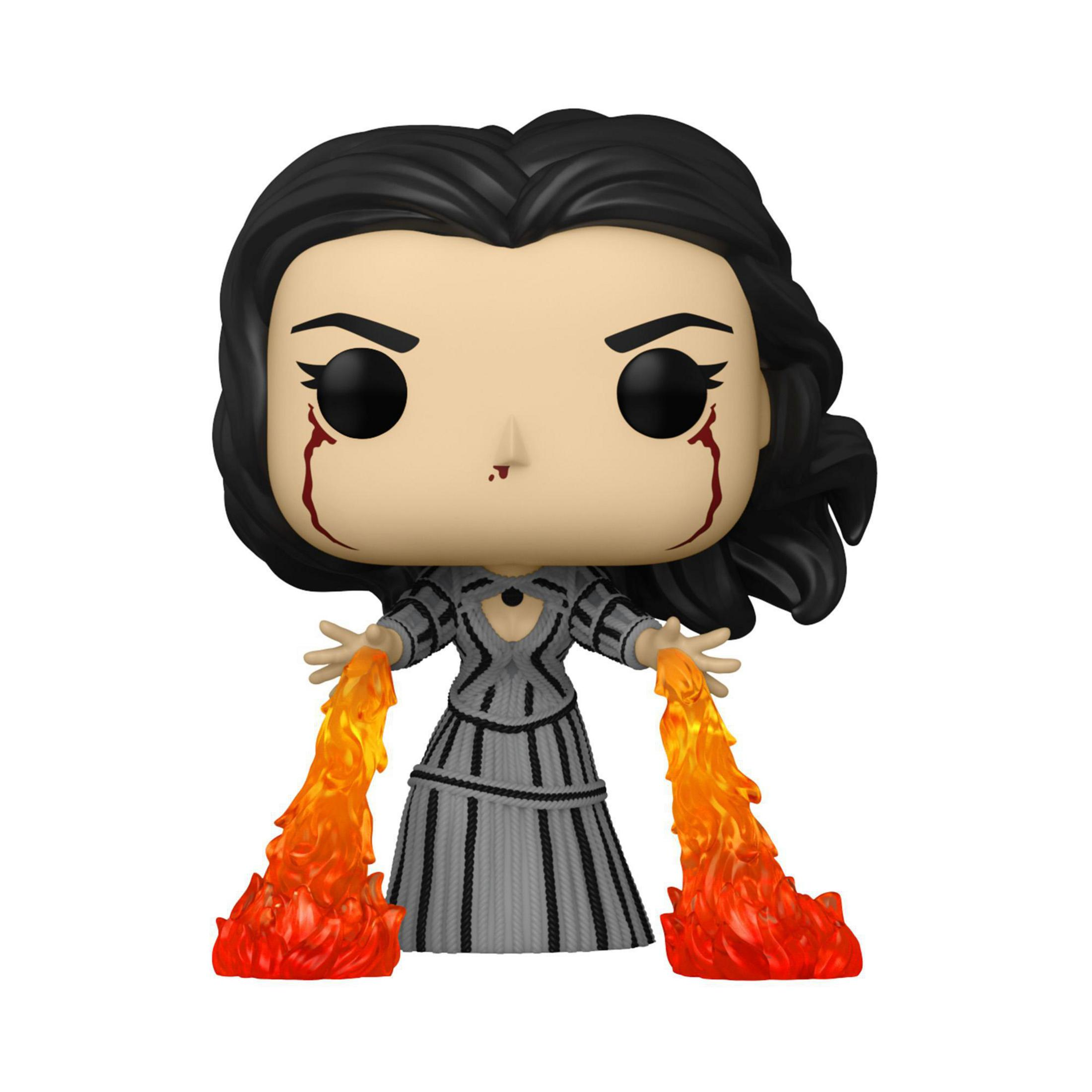 Figura Funko Pop di una donna con capelli neri e fiamme dalle mani.