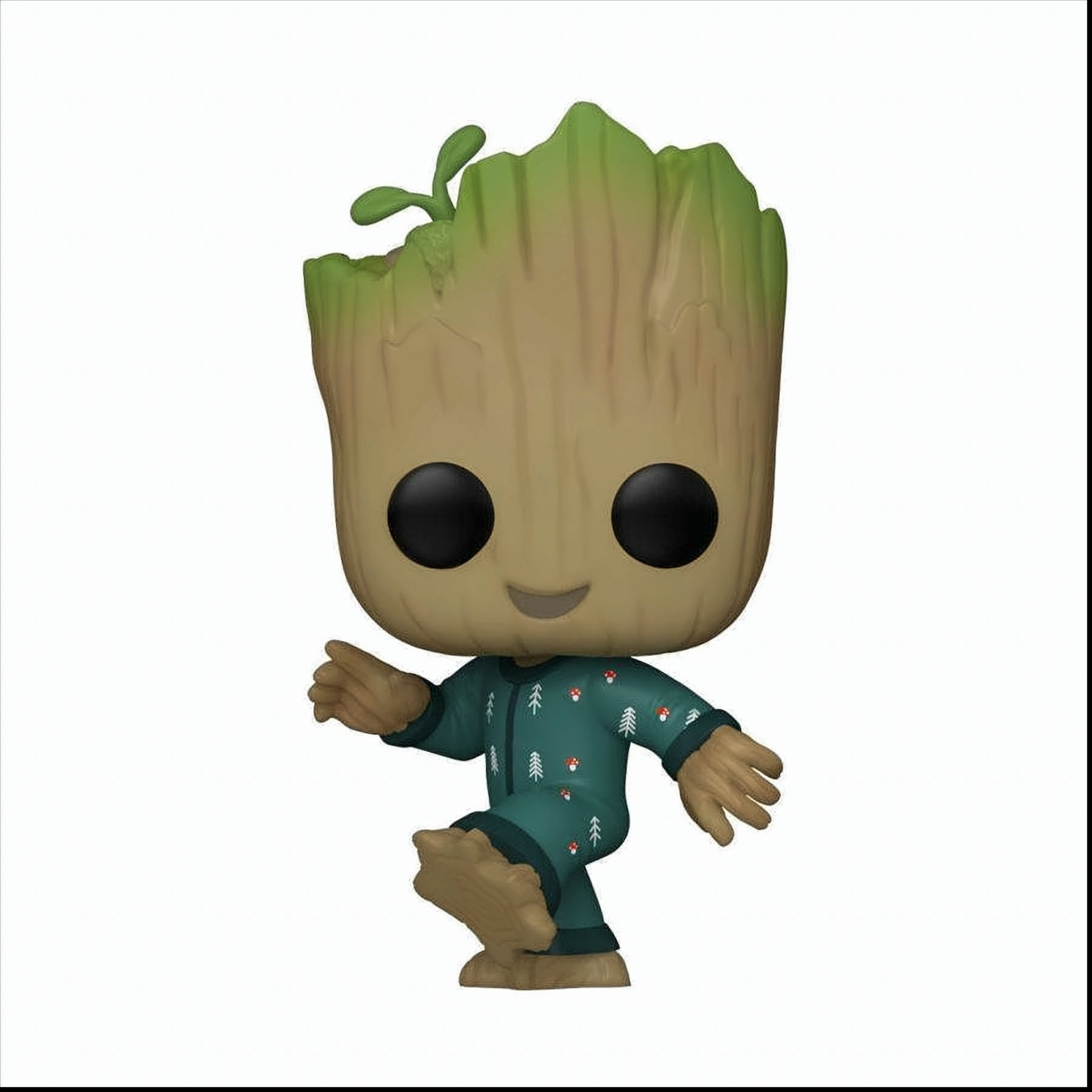 Una figura di Groot sorridente con un pigiama verde.