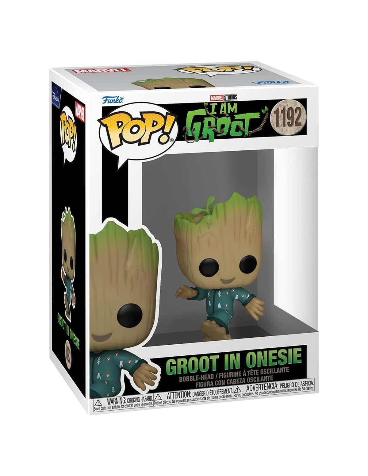 Funko Pop! di Groot in tutina, in una scatola da esposizione.