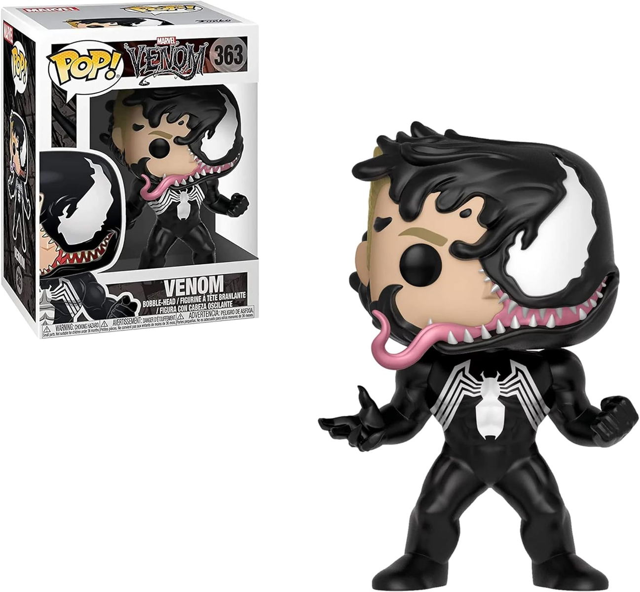 Figura de acción de Venom con caja. Traje negro, símbolo araña blanco, lengua rosa.
