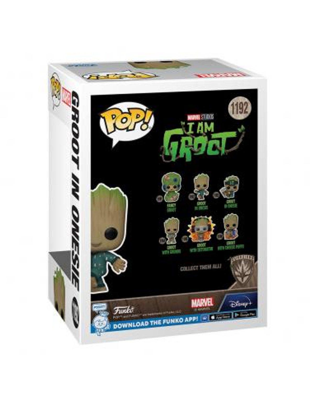 Scatola Funko Pop mostra 'Groot in Onesie' con varie figure collezionabili.