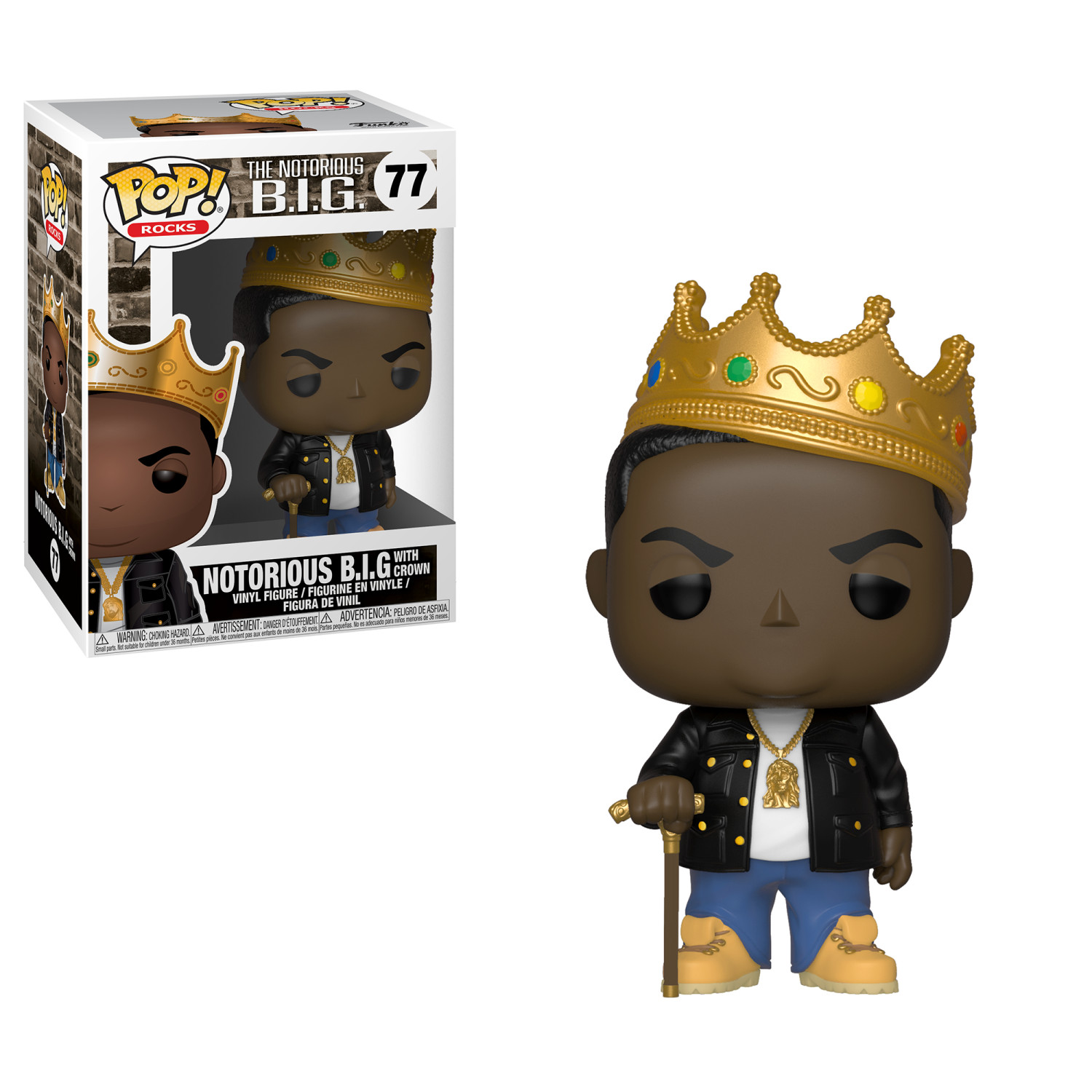 Figura Funko Pop di The Notorious B.I.G. con corona d'oro, giacca nera e jeans.